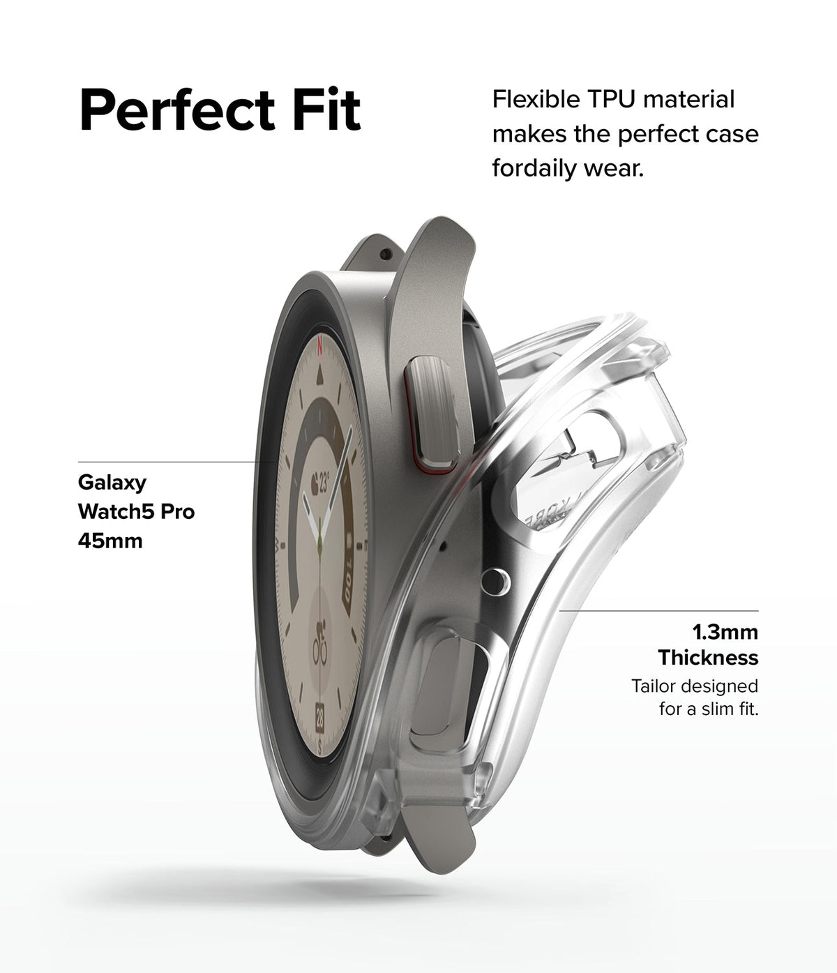 Galaxy Watch 5 Pro Case | Air Sports - Side view of a Galaxy Watch 5 Pro being fitted with a clear, slim 1.3mm TPU case.