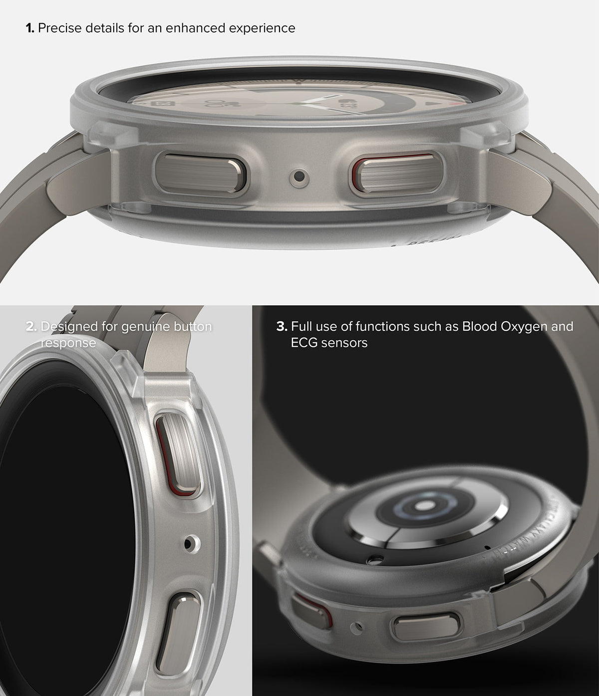 Galaxy Watch 5 Pro Case | Air Sports - Close-up views of a protective watch case highlighting button access and sensor clearance.