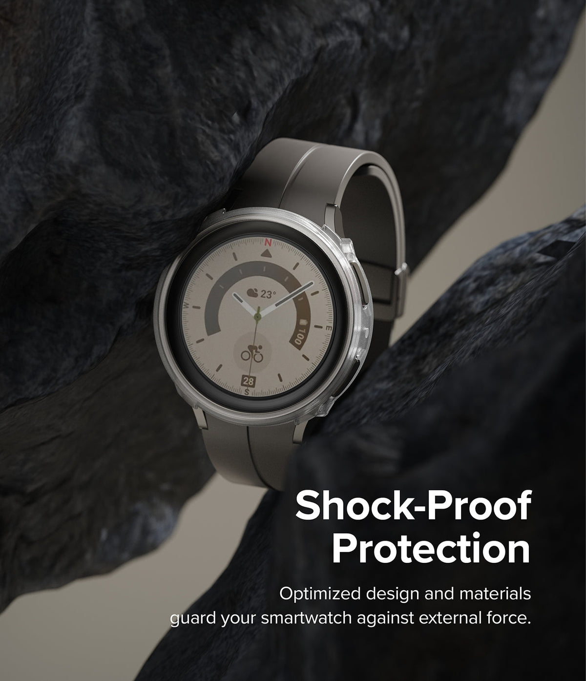 Galaxy Watch 5 Pro Case | Air Sports - A smartwatch in a protective case nestled between two dark, jagged rocks.