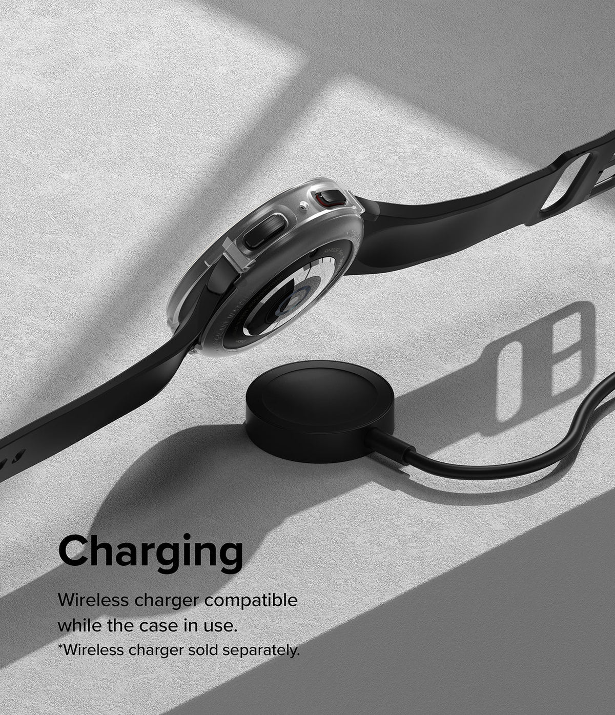 Galaxy Watch 5 Pro Case | Air Sports - A Galaxy Watch 5 Pro with a clear protective case resting on a wireless charger.