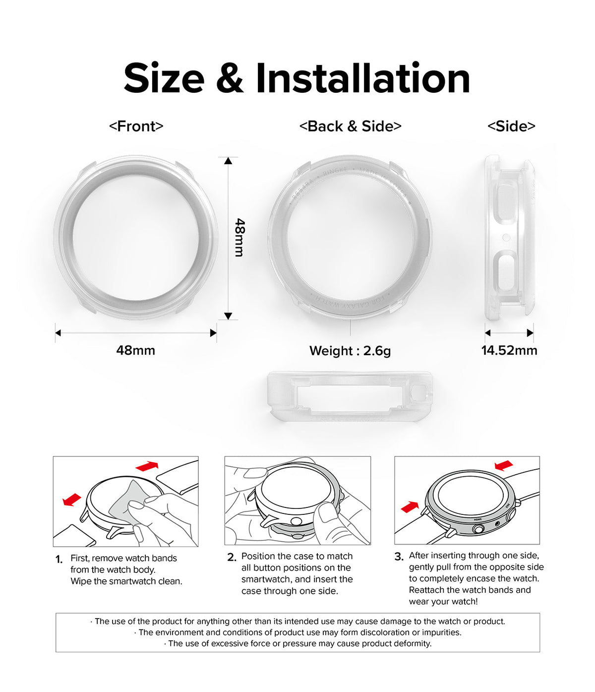Galaxy Watch 5 Pro Case | Air Sports - Technical dimensions and three-step installation guide for the watch case.