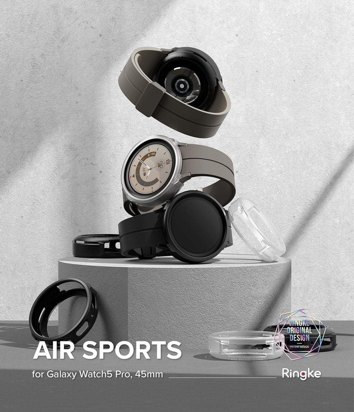 Galaxy Watch 5 Pro Case | Air Sports - Stacked Galaxy Watch 5 Pro units with protective cases on a concrete pedestal.