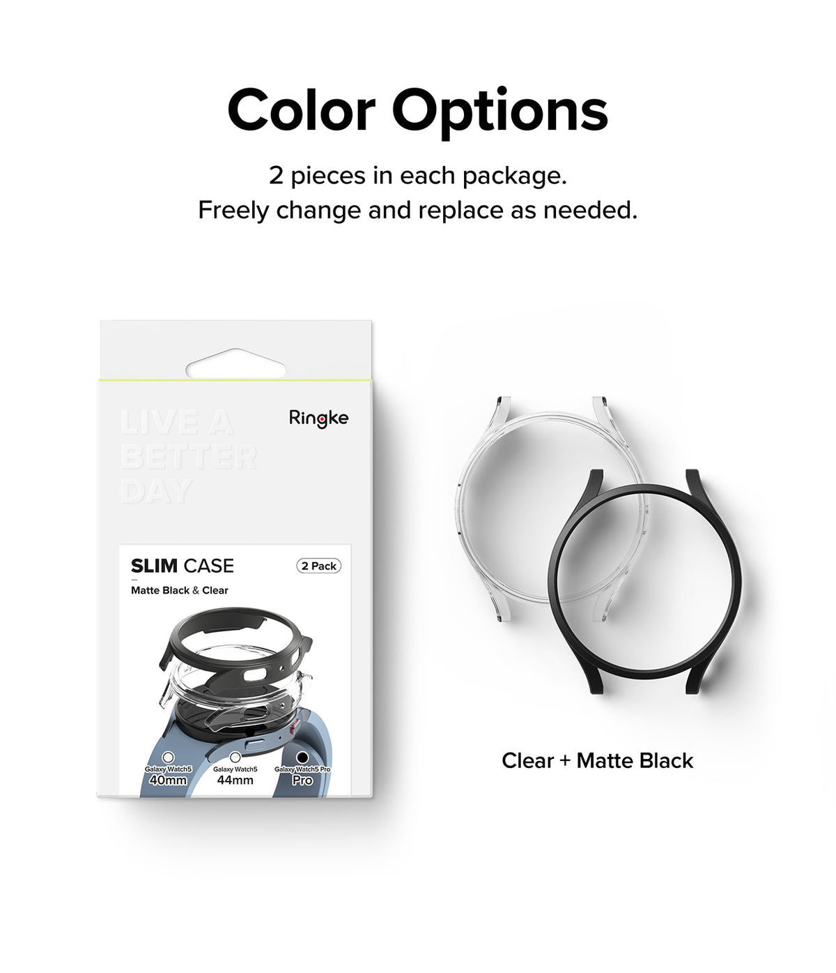 Galaxy Watch 5 Pro Case | Slim - Retail packaging for a 2-pack of clear and matte black slim watch cases.