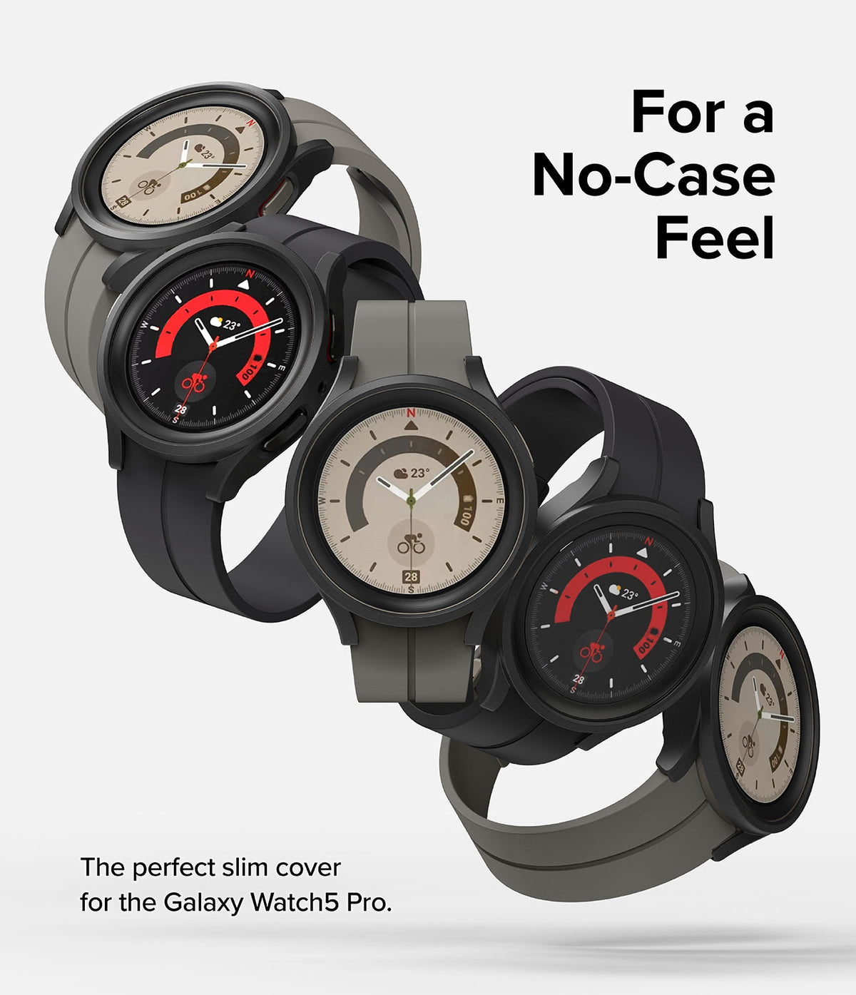 Galaxy Watch 5 Pro Case | Slim - Five Galaxy Watch 5 Pro smartwatches with slim black cases arranged in a diagonal line.