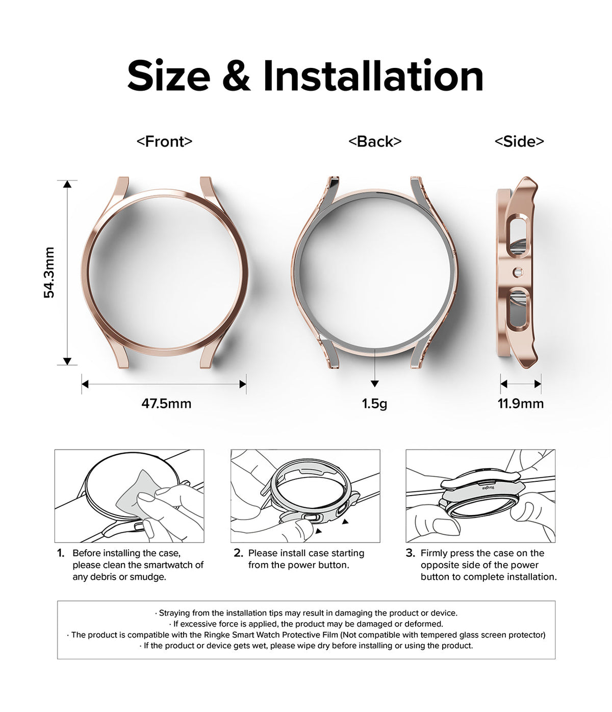 Galaxy Watch 5 Pro Case | Slim - Technical diagram showing dimensions, weight, and three-step installation instructions.