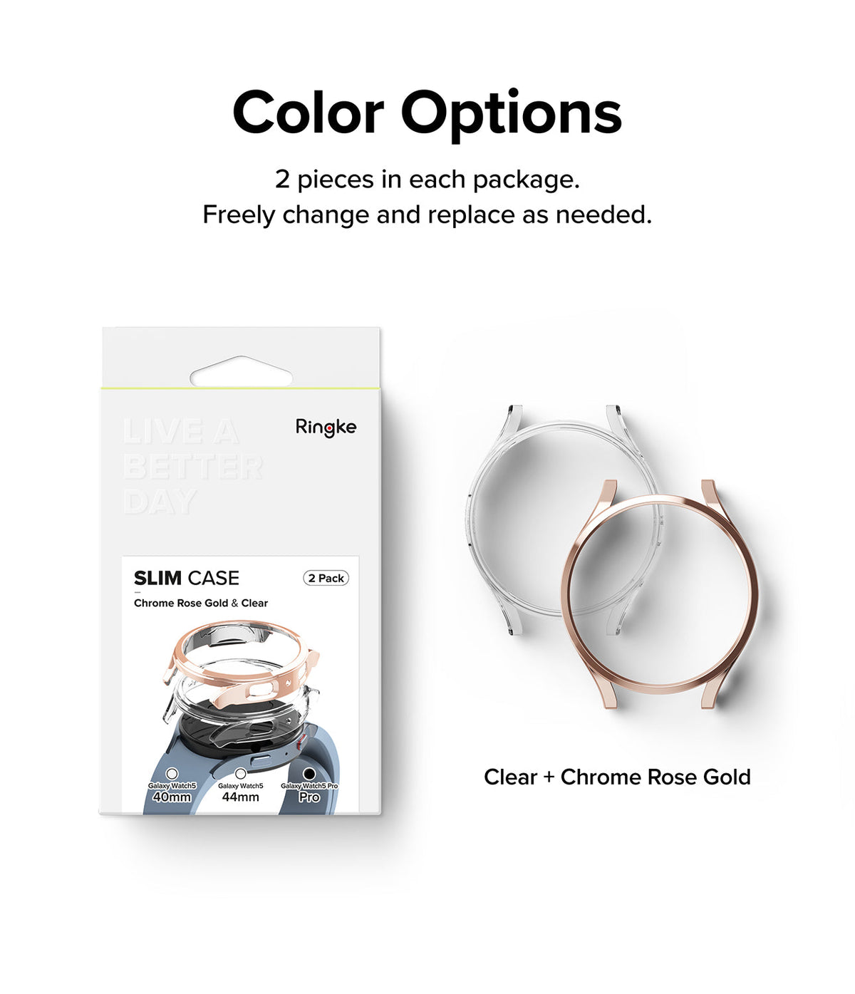 Galaxy Watch 5 Pro Case | Slim - Retail packaging for a 2-pack of clear and chrome rose gold slim watch cases.