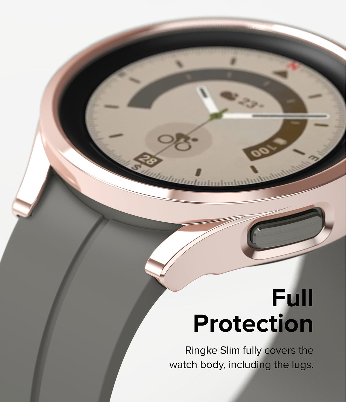 Galaxy Watch 5 Pro Case | Slim - Rose gold slim protective case on a Galaxy Watch 5 Pro with a grey silicone band.