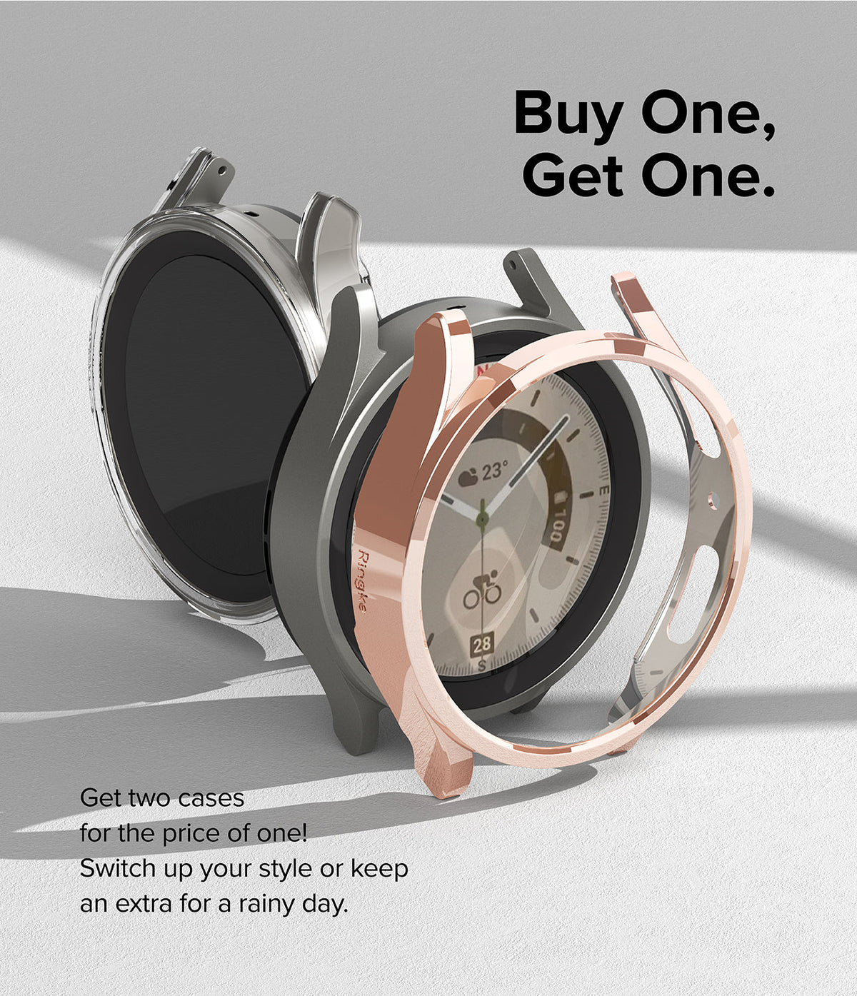 Galaxy Watch 5 Pro Case | Slim - Two slim protective watch cases in rose gold and clear, displayed with a smartwatch.