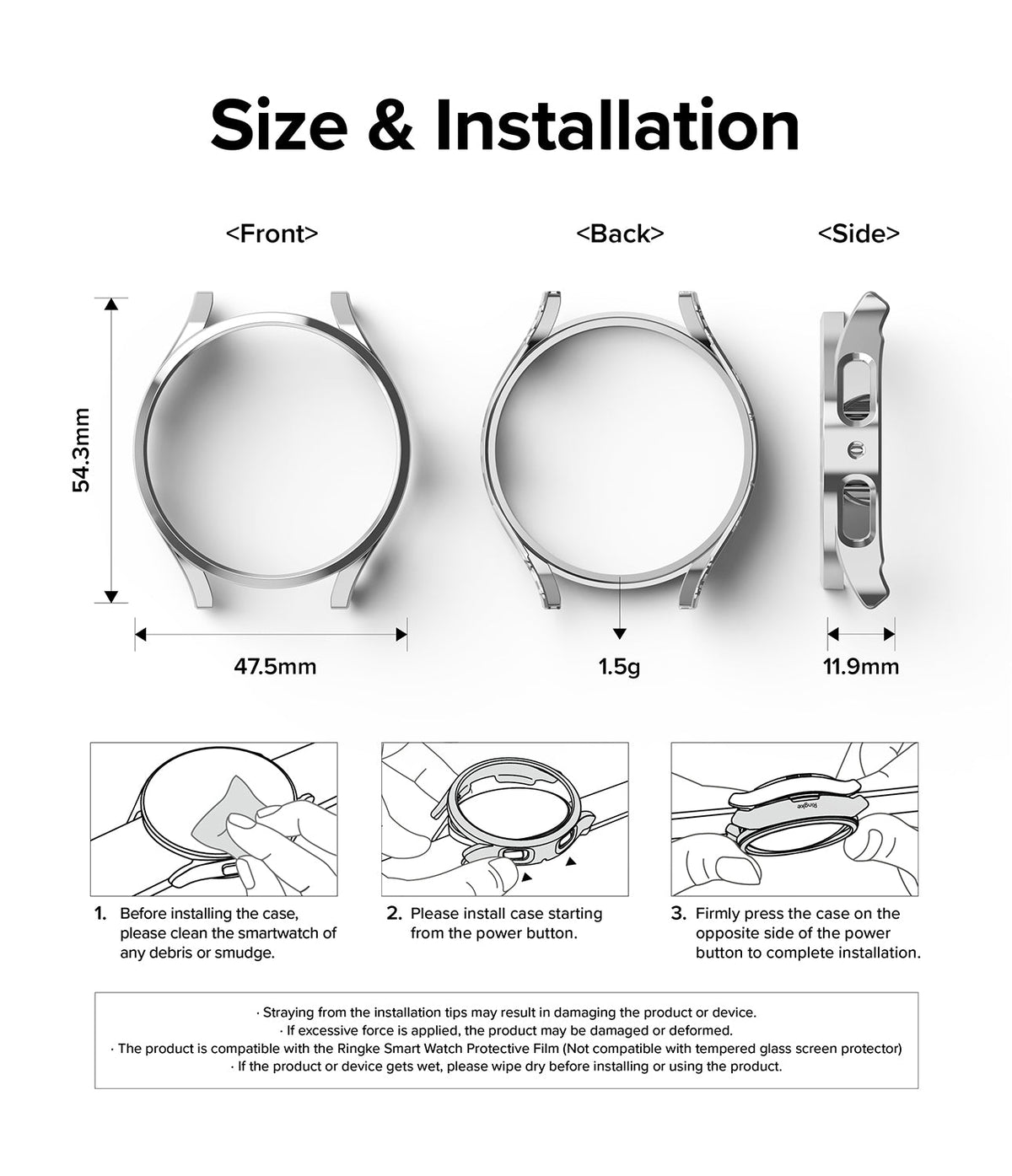 Galaxy Watch 5 Pro Case | Slim - Technical diagram showing dimensions, weight, and three-step installation instructions.