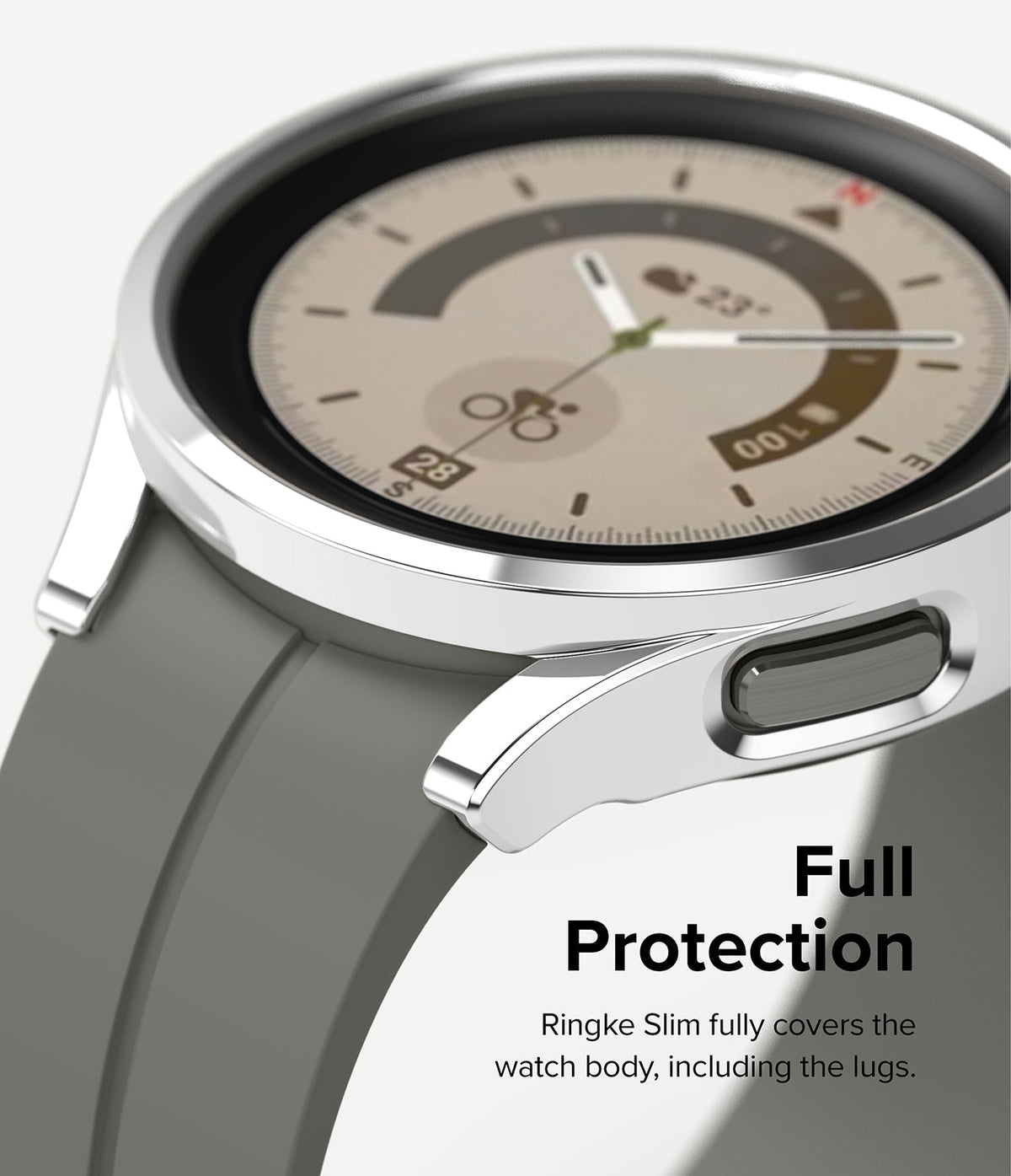 Galaxy Watch 5 Pro Case | Slim - Close-up of a silver slim protective case on a Galaxy Watch 5 Pro with a grey band.
