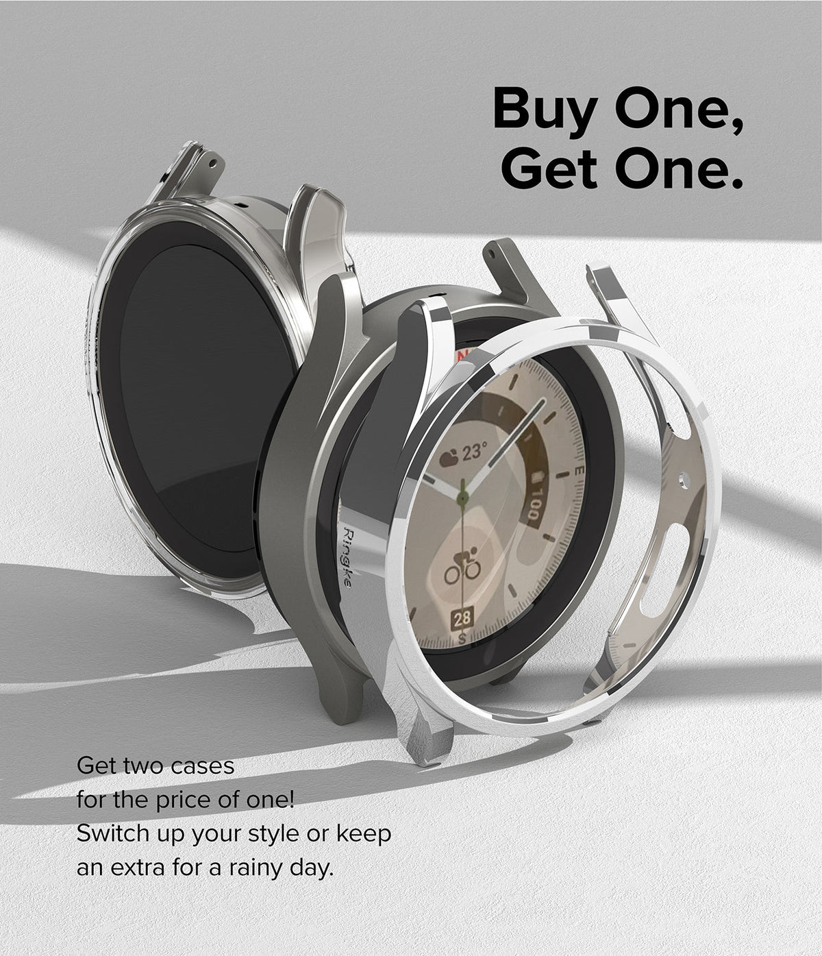 Galaxy Watch 5 Pro Case | Slim - Two silver protective watch cases displayed with one attached to a smartwatch.