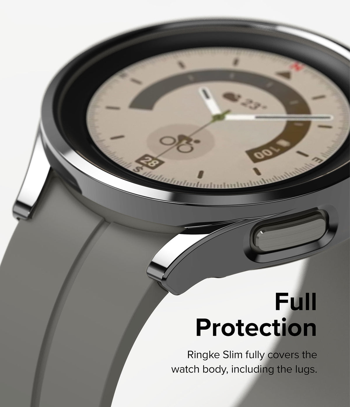 Galaxy Watch 5 Pro Case | Slim - Close-up of a sleek black protective case on a Galaxy Watch 5 Pro with a grey strap.