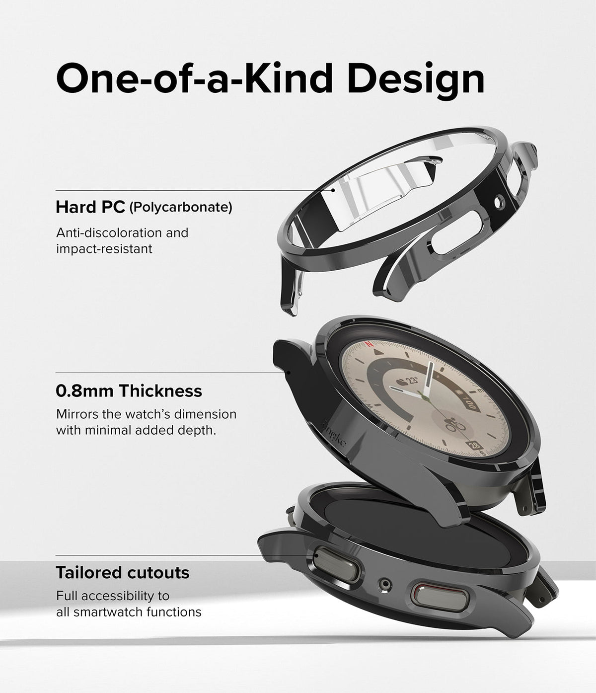 Galaxy Watch 5 Pro Case | Slim - Exploded view of a slim, black polycarbonate watch case highlighting its thin design.