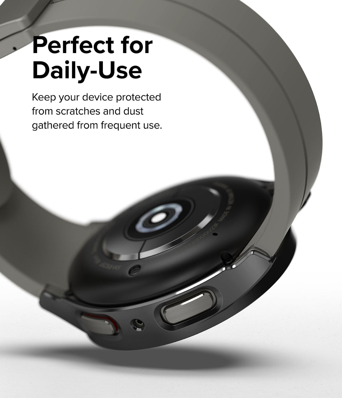 Galaxy Watch 5 Pro Case | Slim - Close-up of a grey protective case on a Galaxy Watch 5 Pro with text about daily use.