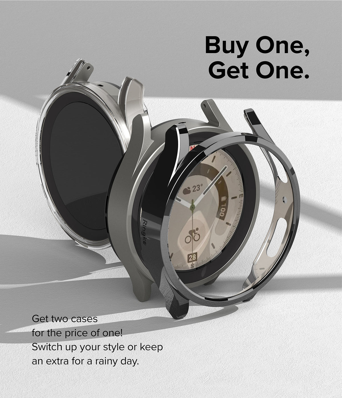 Galaxy Watch 5 Pro Case | Slim - Two sleek, metallic watch cases displayed with text promoting a Buy One, Get One offer.