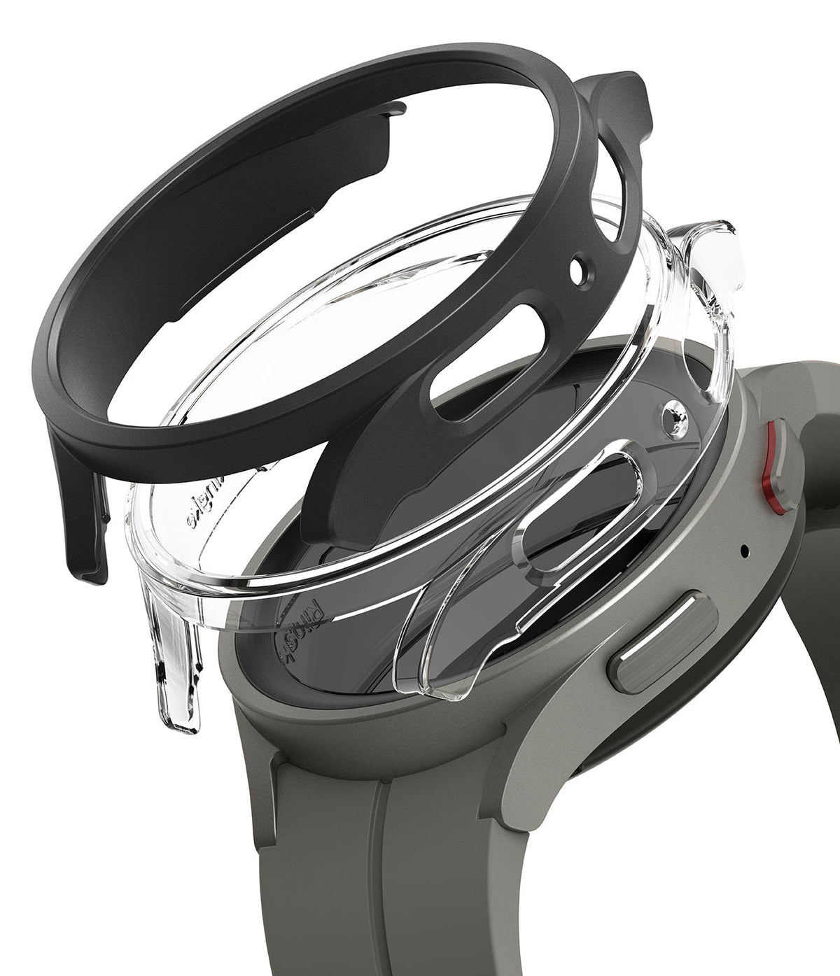 Galaxy Watch 5 Pro Case | Slim - Exploded view of a matte black and clear protective case hovering over a grey smartwatch.