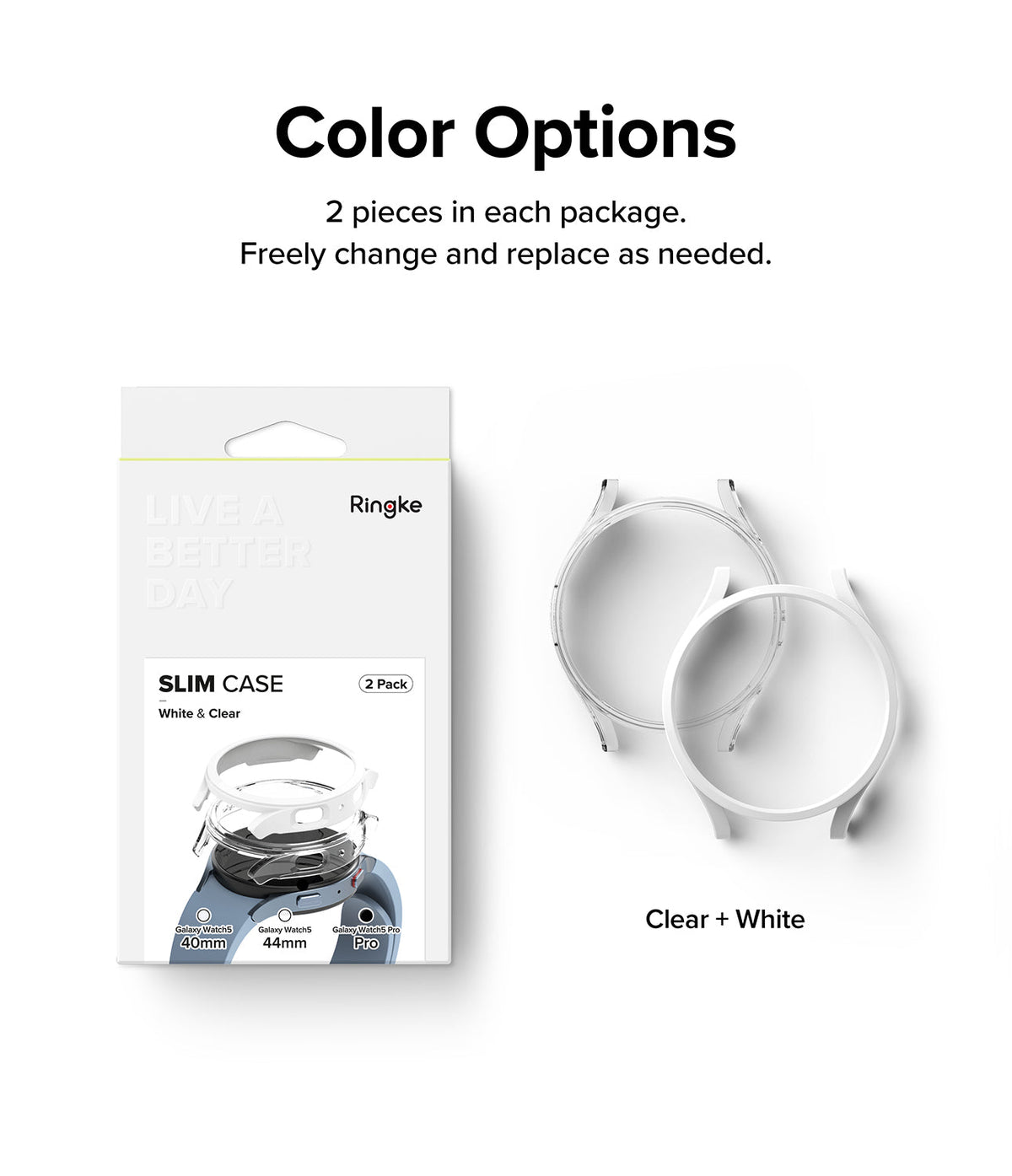 Galaxy Watch 5 Pro Case | Slim - Product packaging next to one clear and one white slim watch case.