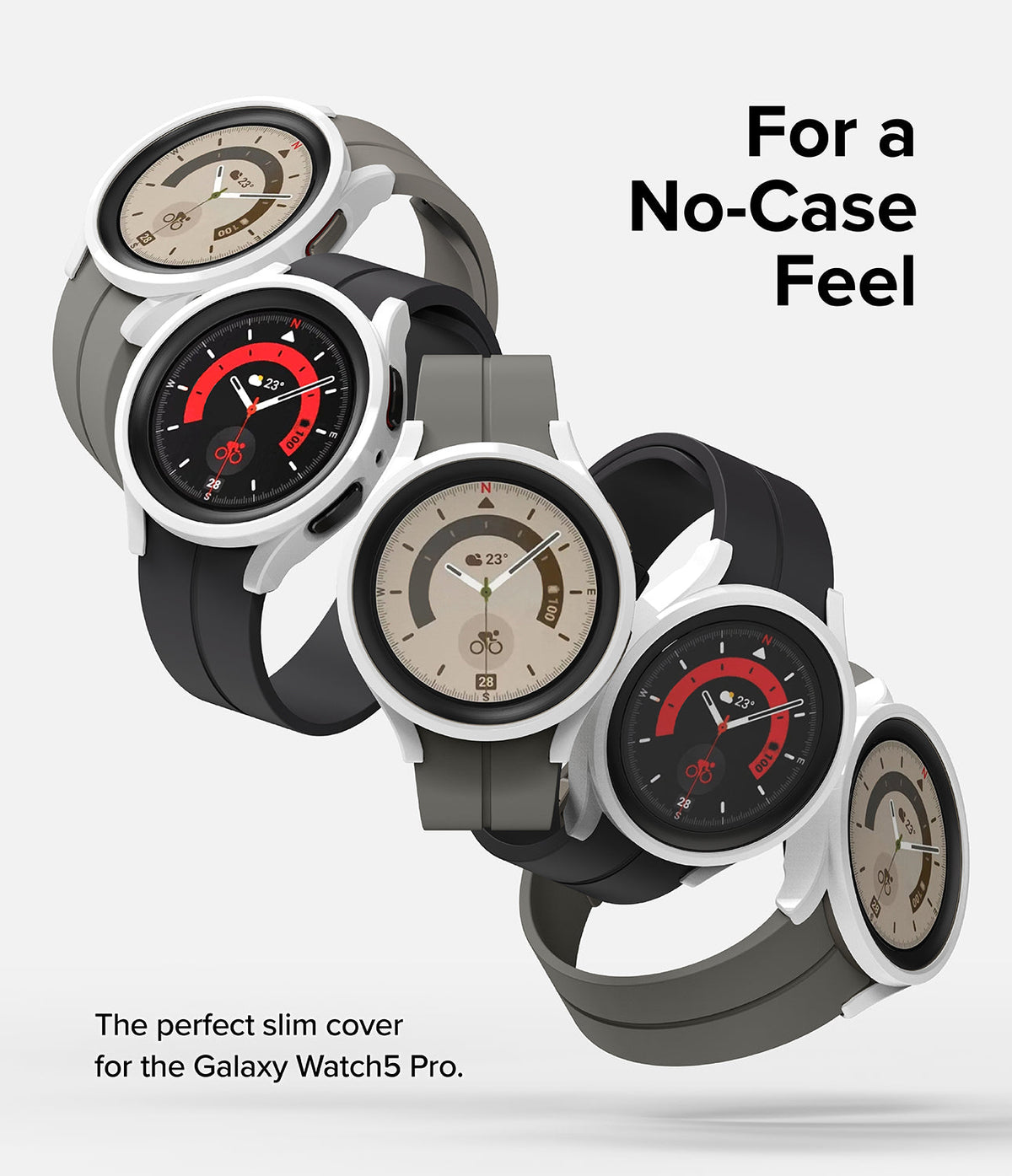 Galaxy Watch 5 Pro Case | Slim - Multiple Galaxy Watch 5 Pro units with white slim cases arranged in a diagonal cascade.