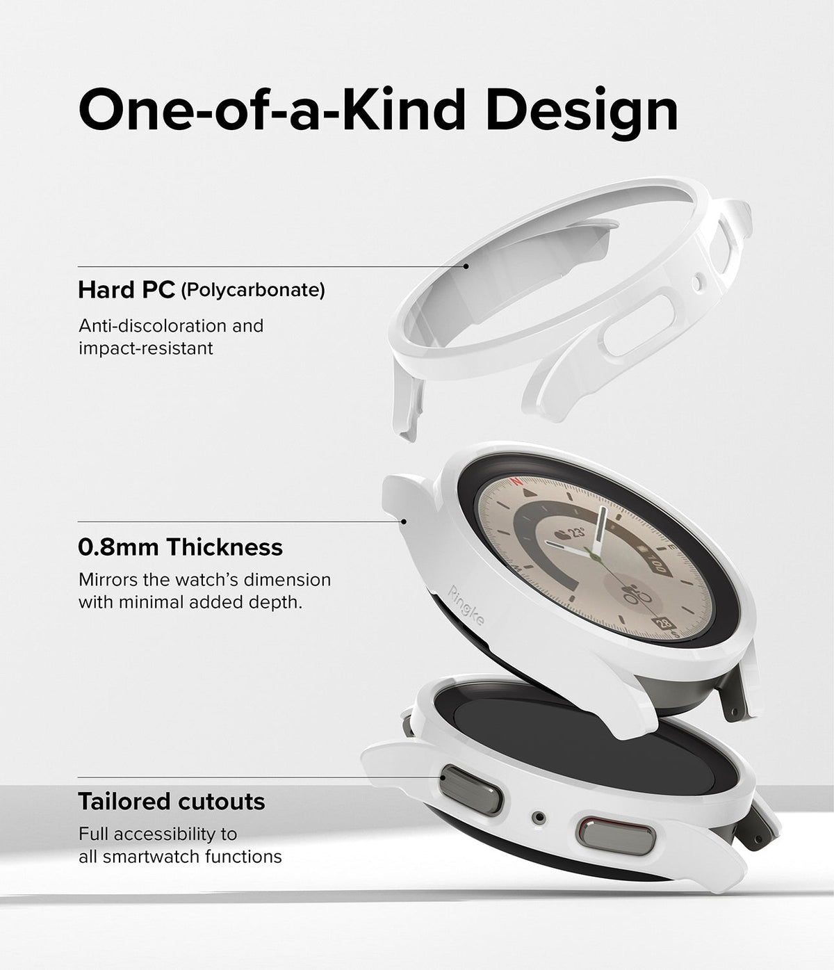Galaxy Watch 5 Pro Case | Slim - Exploded view of a white watch case showing polycarbonate material, thin profile, and button cutouts.