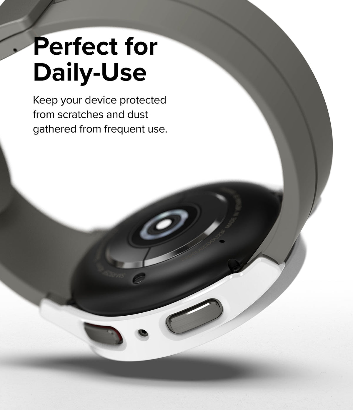 Galaxy Watch 5 Pro Case | Slim - White protective case on a Galaxy Watch 5 Pro with a grey band and text overlay.