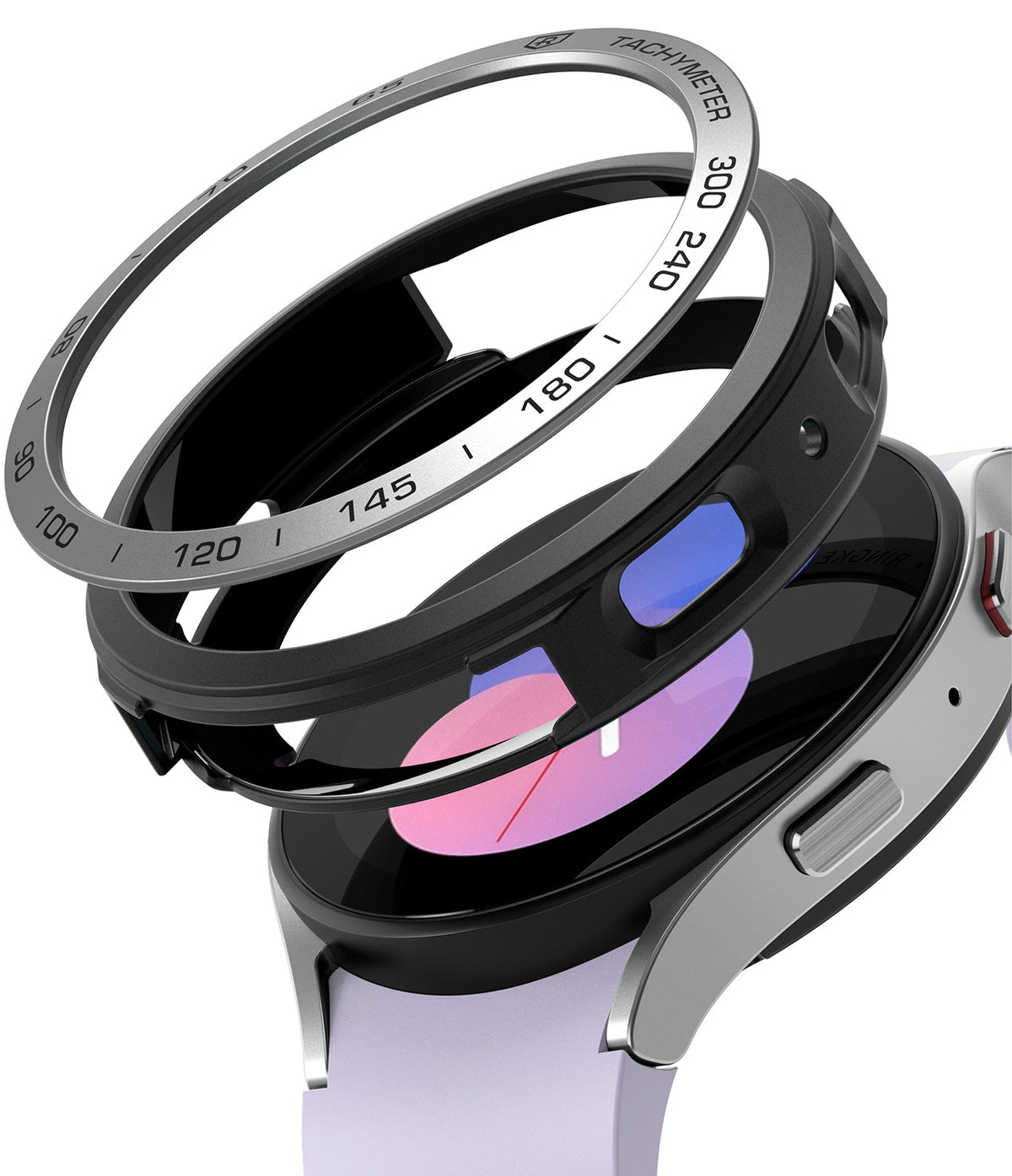Galaxy Watch 5 40mm | Air Sports Black + Bezel Styling - Exploded view of a smartwatch with a black bezel and tachymeter.