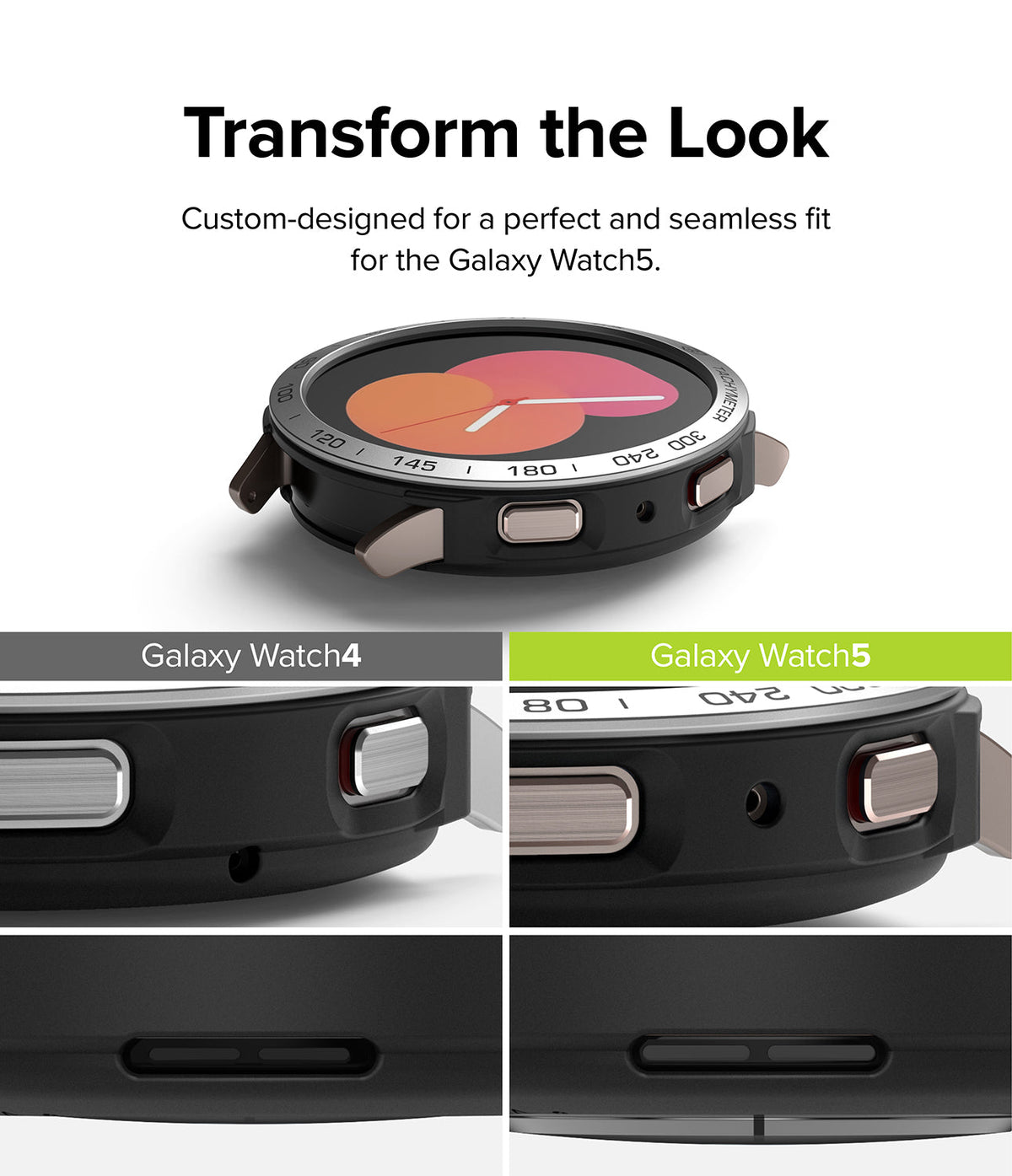 Galaxy Watch 5 40mm | Air Sports Black + Bezel Styling - Galaxy Watch 5 40mm - Comparison of Air Sports bezel styling on Galaxy Watch 4 and 5 showing precise fit and button access.
