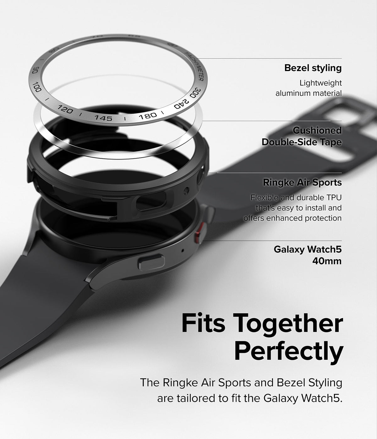 Galaxy Watch 5 40mm | Air Sports Black + Bezel Styling - Exploded view of watch, protective case, and bezel ring.