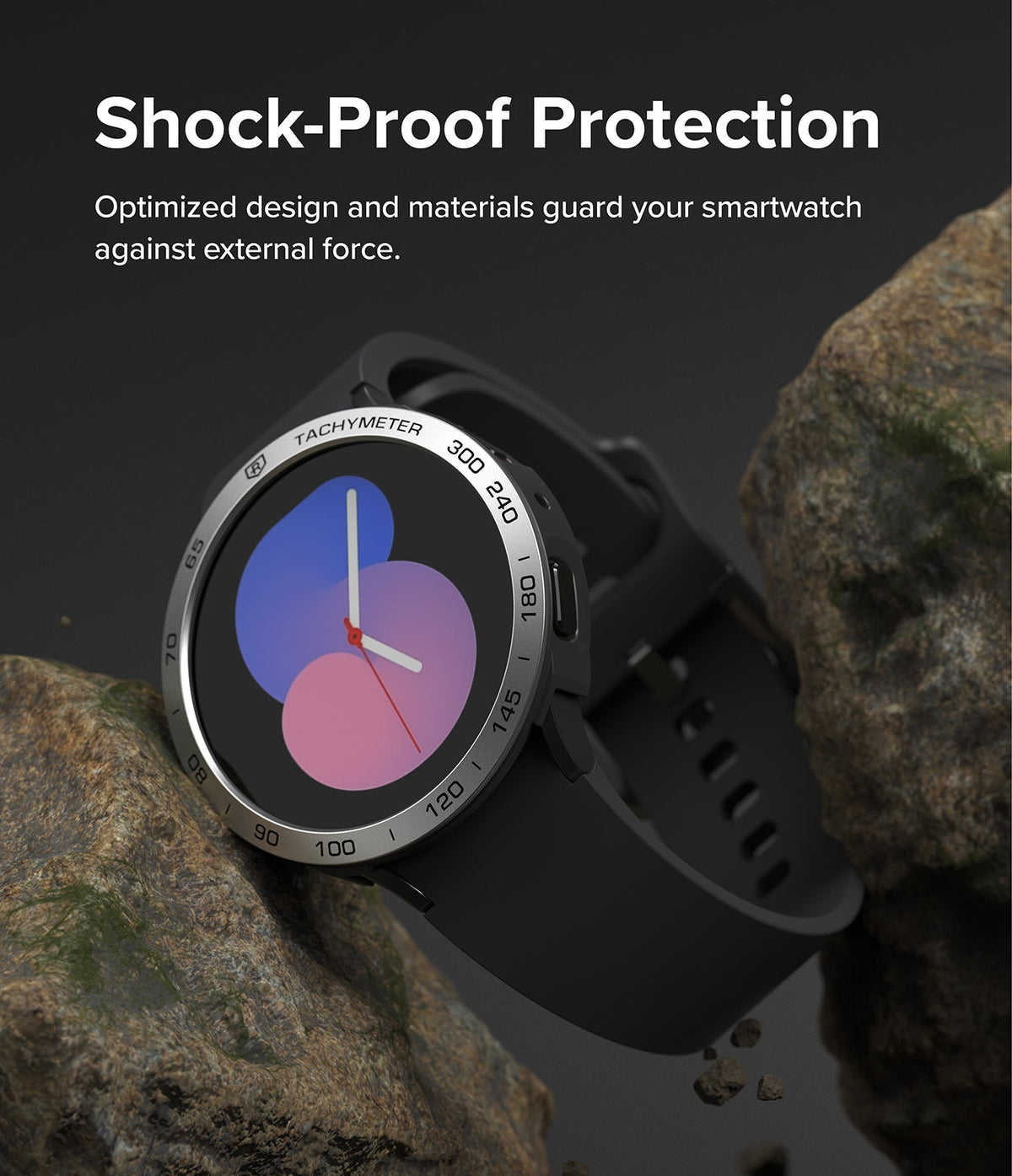 Galaxy Watch 5 40mm | Air Sports Black + Bezel Styling - Black smartwatch with silver tachymeter bezel between two rocks.