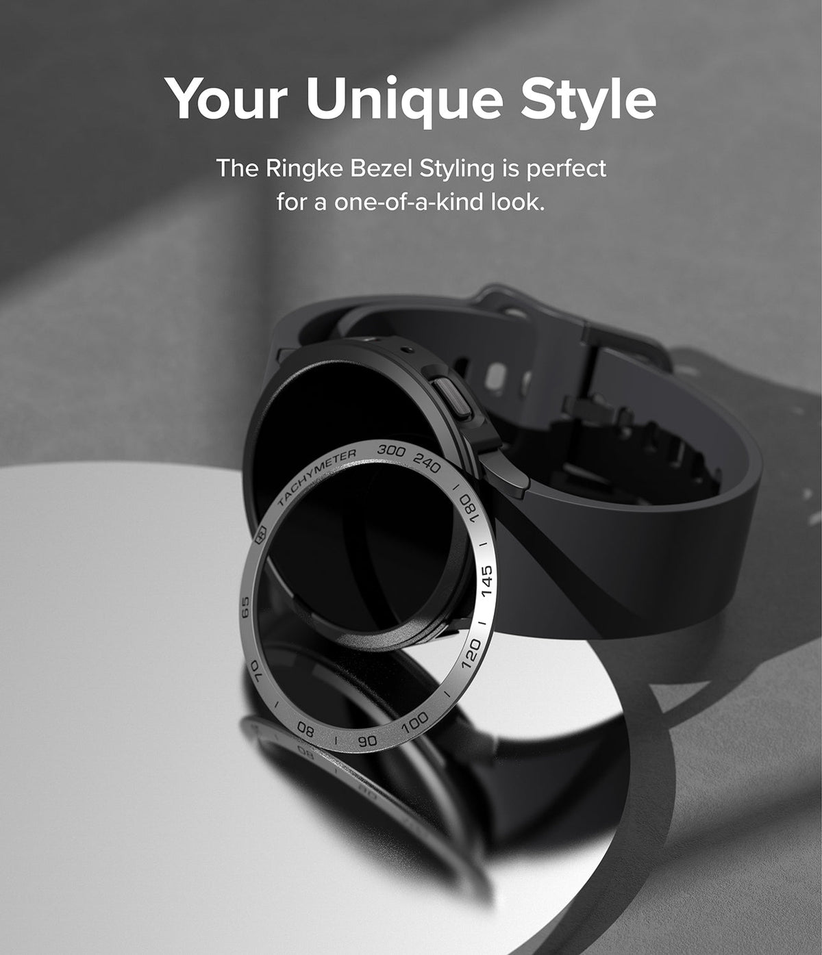 Galaxy Watch 5 40mm | Air Sports Black + Bezel Styling - Black smartwatch with a metallic tachymeter bezel ring.