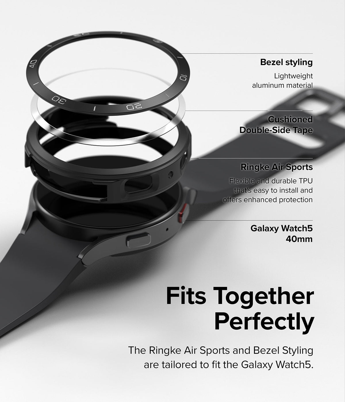 Galaxy Watch 5 40mm | Air Sports Black + Bezel Styling - Exploded view of watch case, adhesive, and bezel accessories.