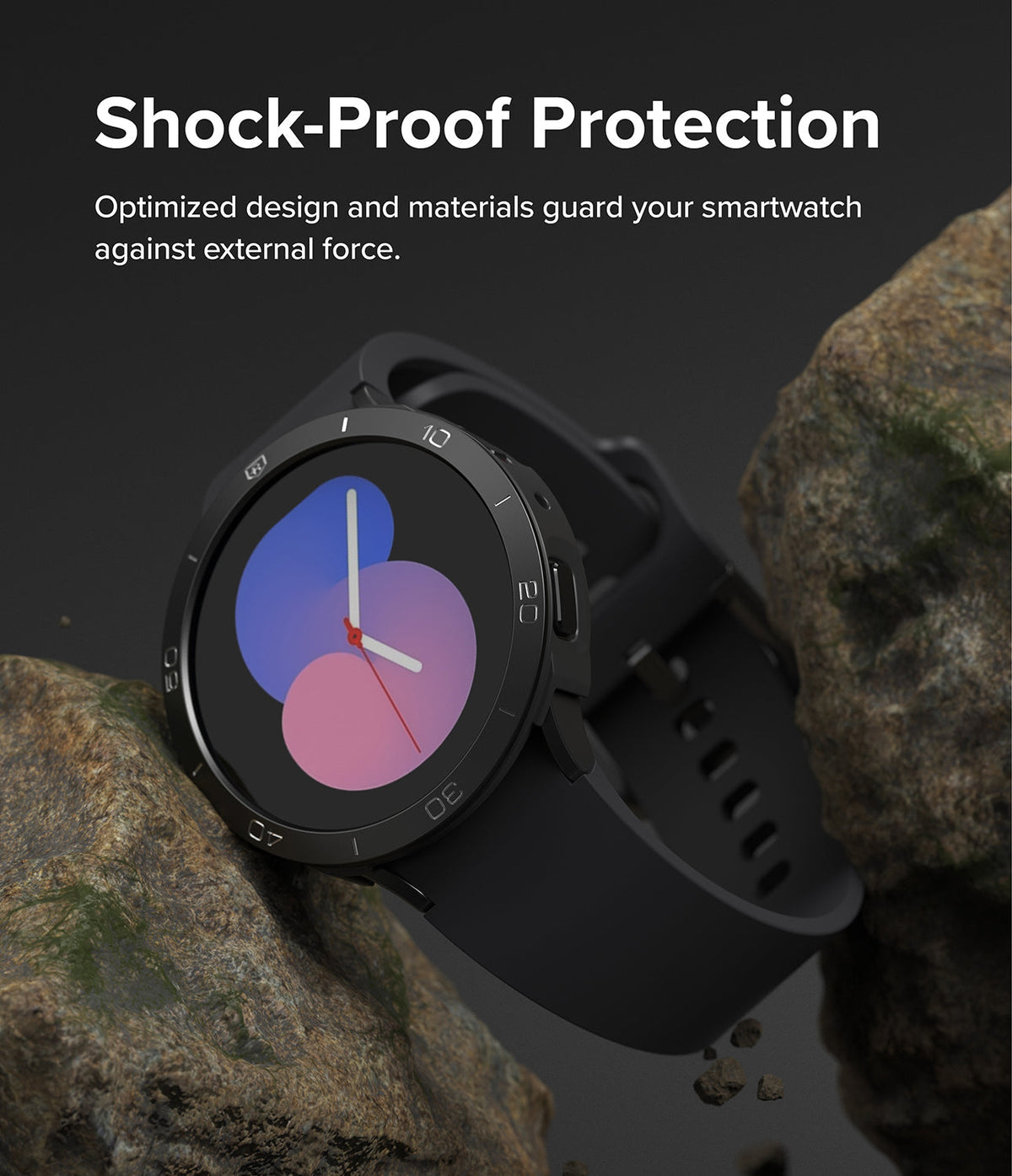 Galaxy Watch 5 40mm | Air Sports Black + Bezel Styling - Black smartwatch with protective bezel resting on rocky terrain.