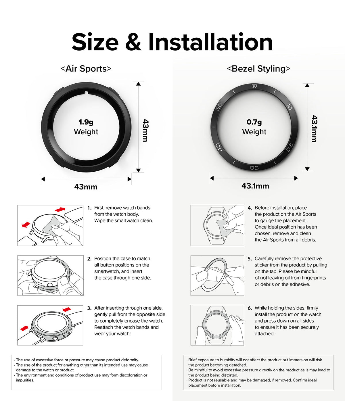Galaxy Watch 5 40mm | Air Sports Black + Bezel Styling - Infographic showing dimensions, weights, and installation steps.