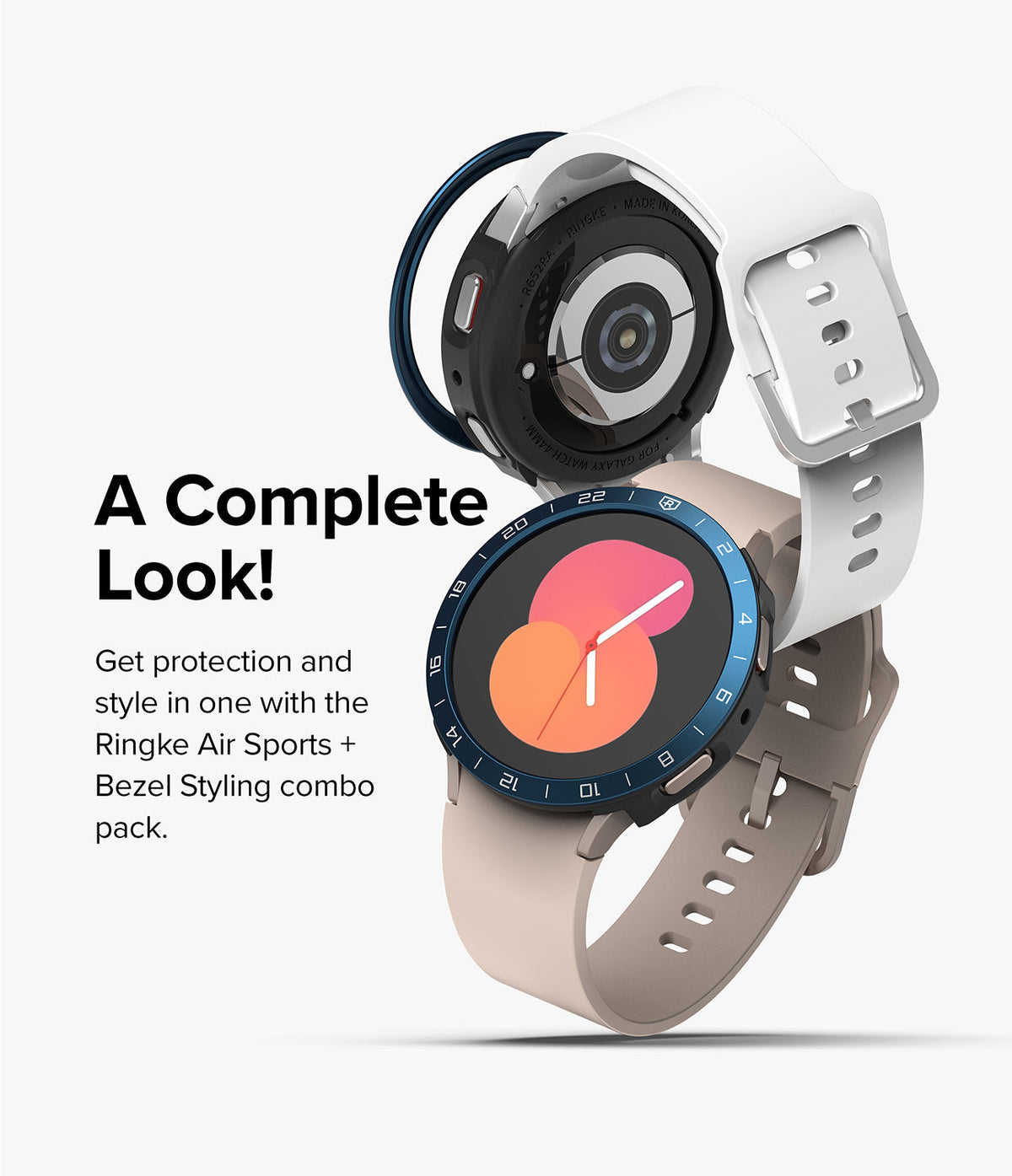 Galaxy Watch 5 40mm | Air Sports Black + Bezel Styling - Two smartwatches with blue bezel rings and protective cases.