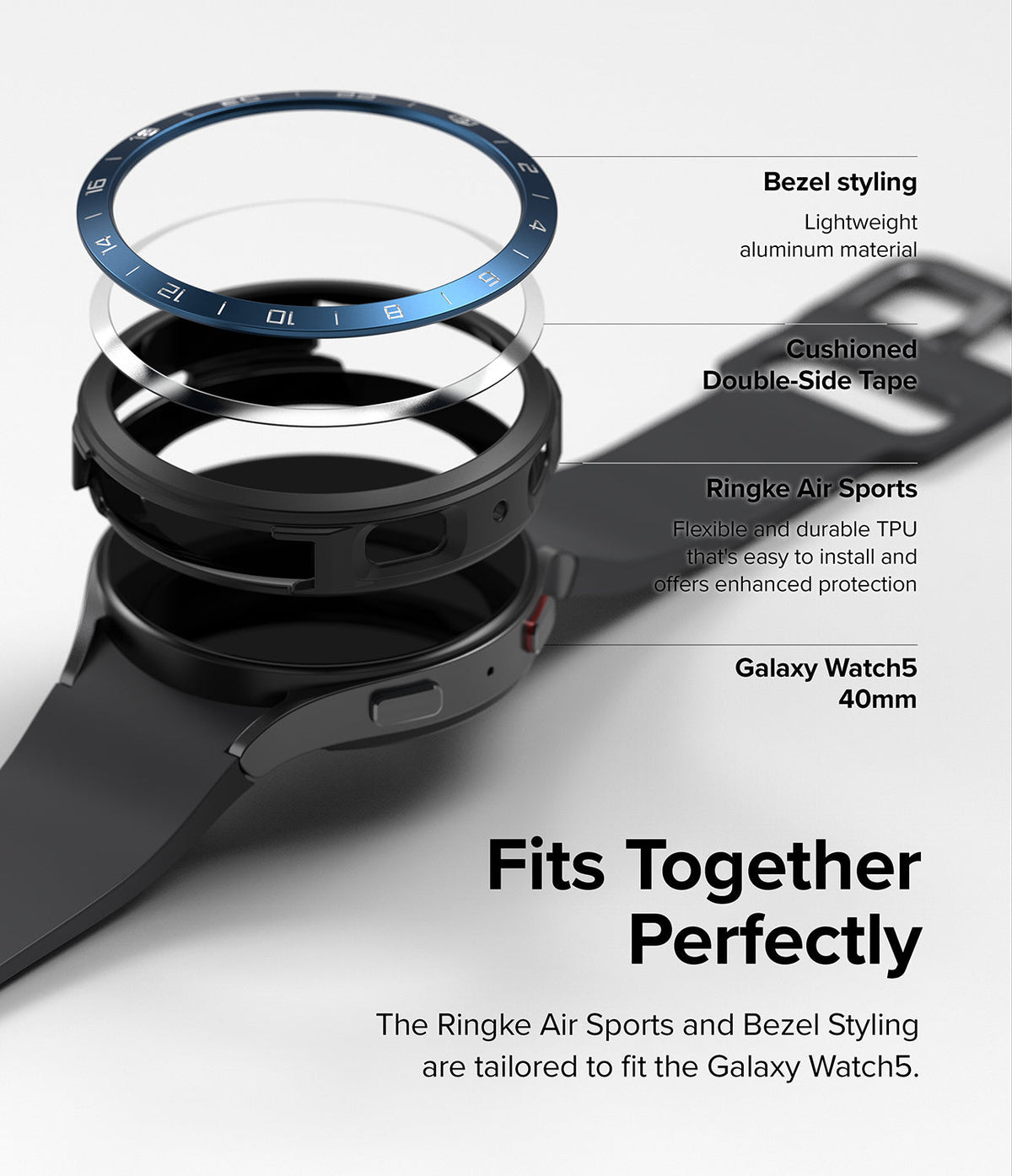 Galaxy Watch 5 40mm | Air Sports Black + Bezel Styling - Exploded view of watch case, adhesive, and bezel accessories.