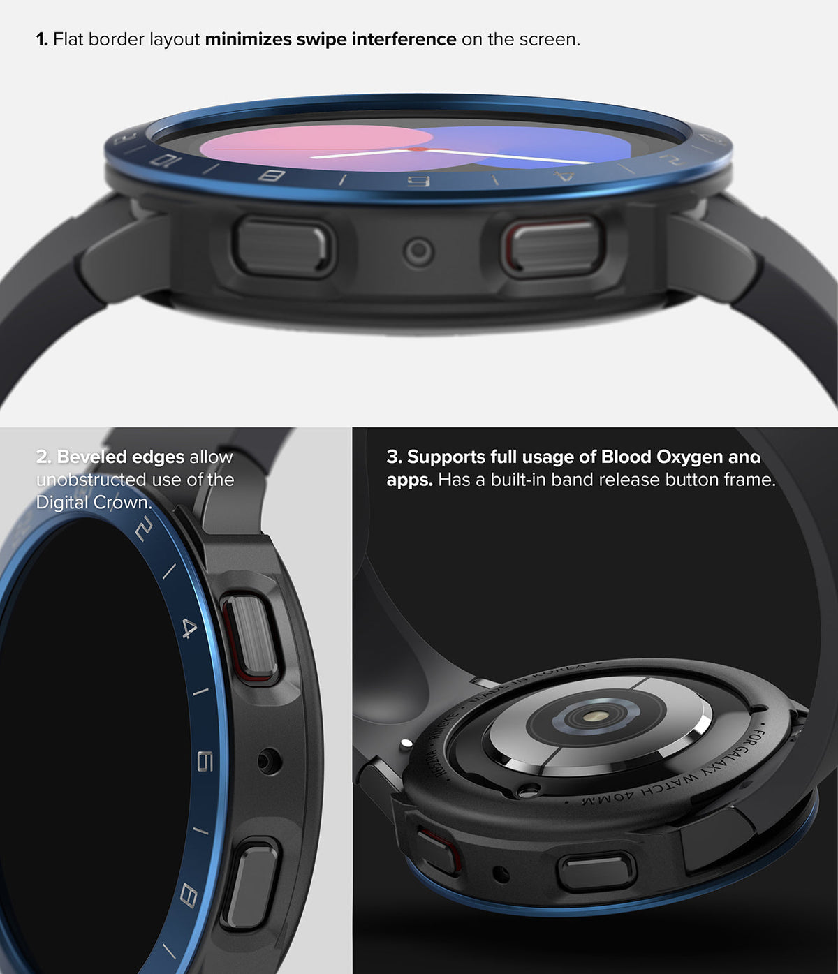 Galaxy Watch 5 40mm | Air Sports Black + Bezel Styling - Close-up views of a blue bezel styling ring on a black watch.