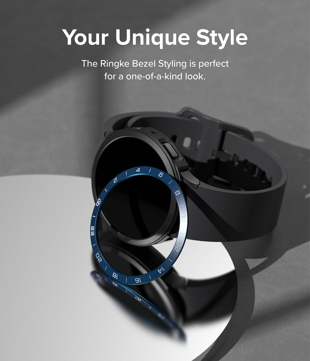 Galaxy Watch 5 40mm | Air Sports Black + Bezel Styling - Black smartwatch with a blue numbered bezel ring accessory.