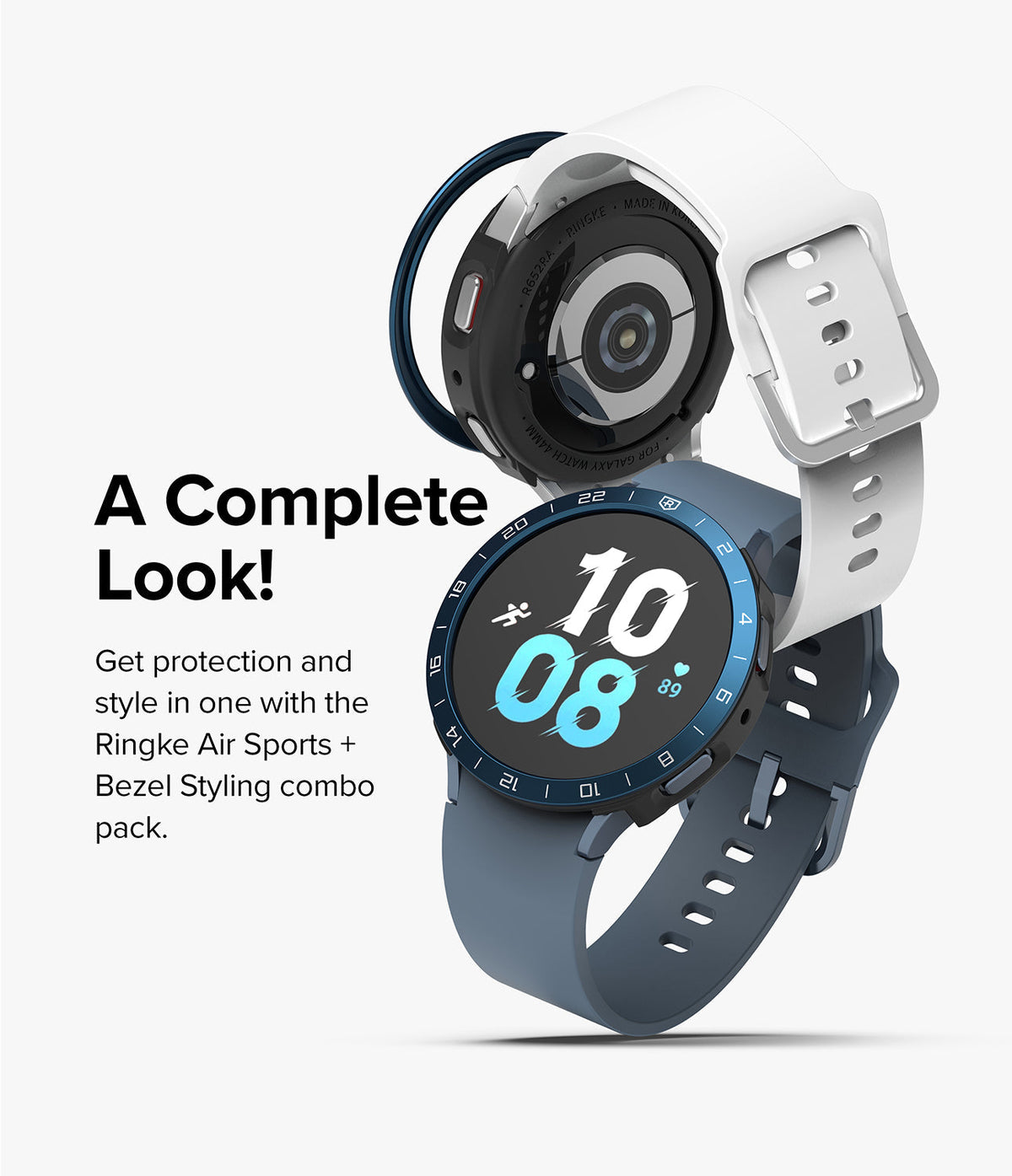 Galaxy Watch 5 44mm | Air Sports Black + Bezel Styling - Two Galaxy Watches with blue bezel styling and sport bands.