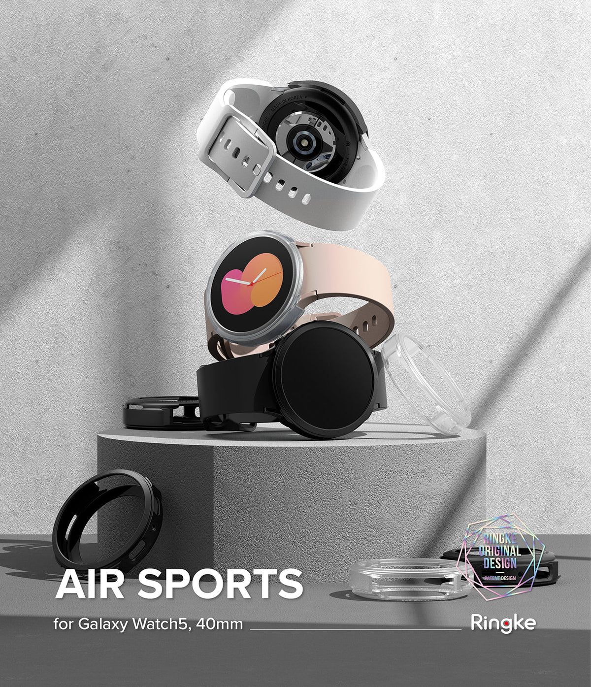 Galaxy Watch 5 40mm Case | Air Sports - Stacked Galaxy Watch 5 units with protective cases on a concrete pedestal.