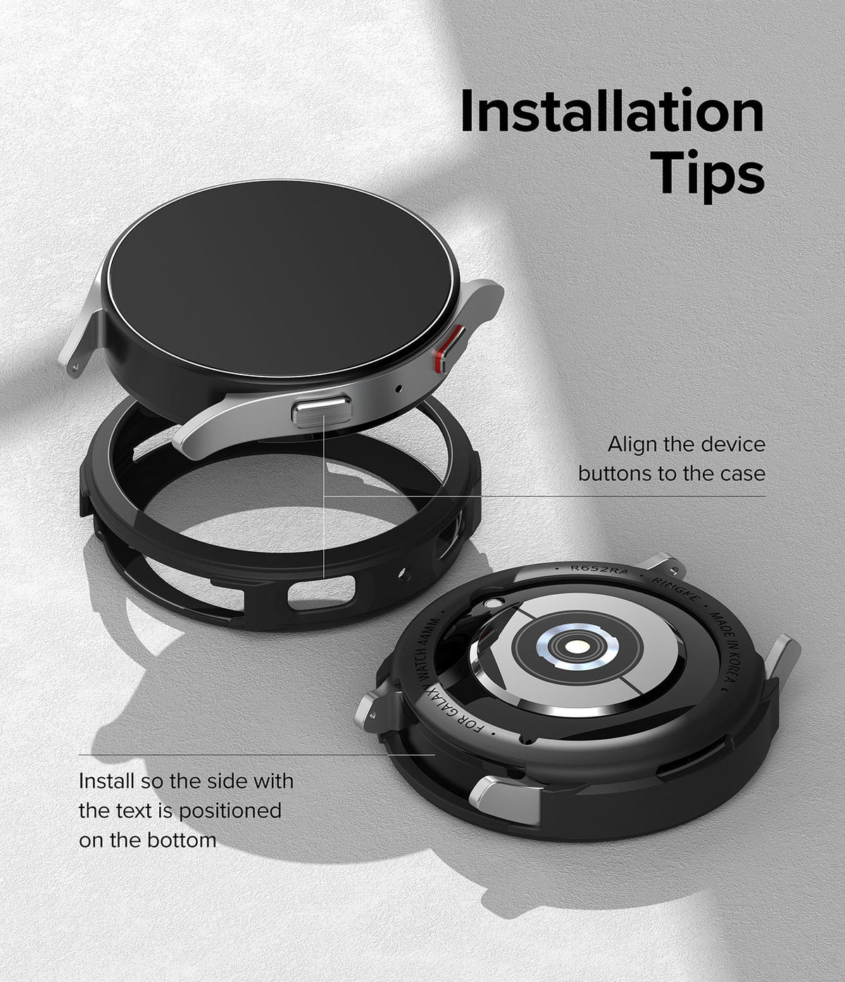Galaxy Watch 5 40mm Case | Air Sports - Diagram showing how to align watch buttons and position text when installing the case.