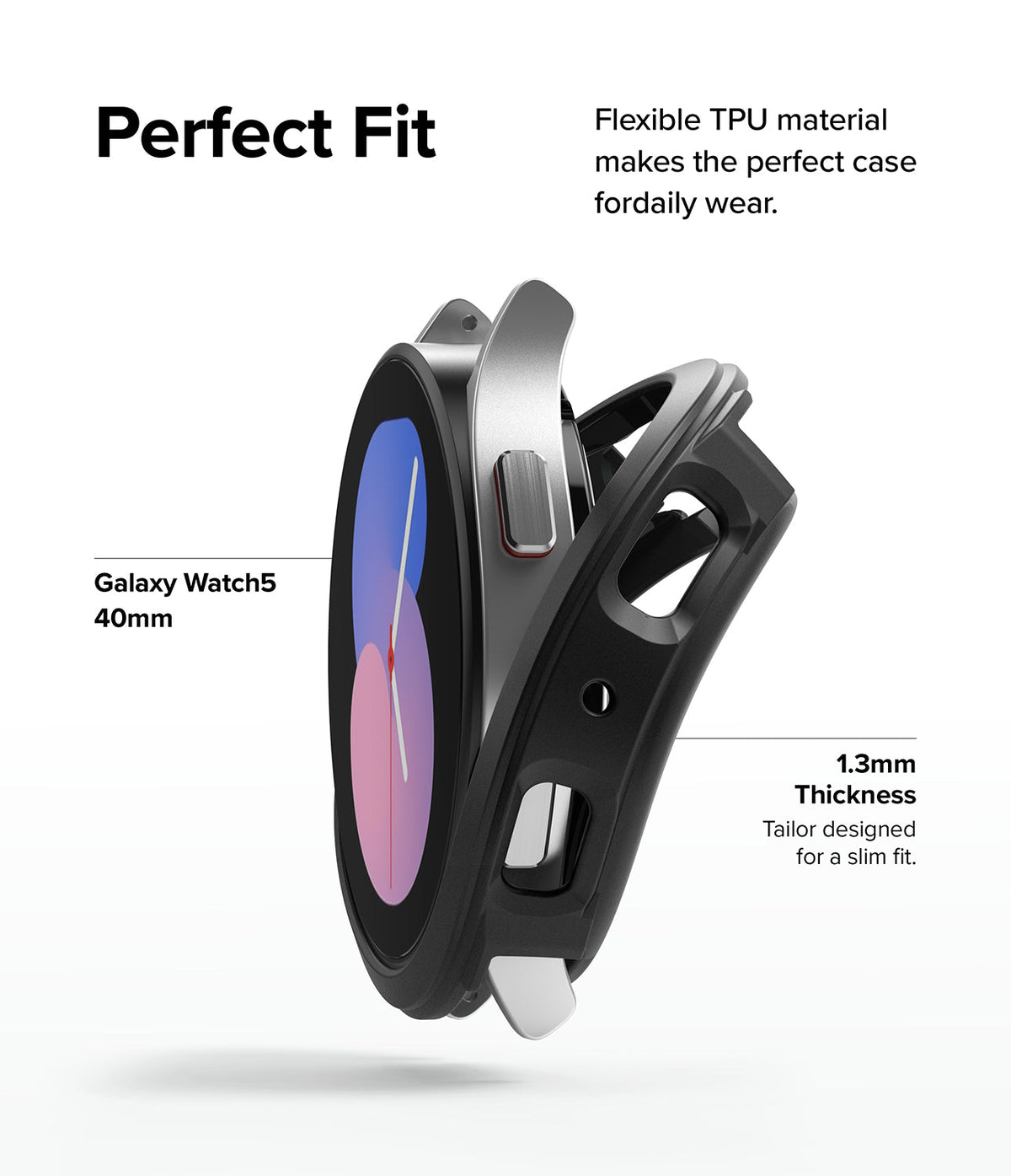 Galaxy Watch 5 40mm Case | Air Sports - A black TPU case being fitted onto a silver Galaxy Watch 5 40mm.