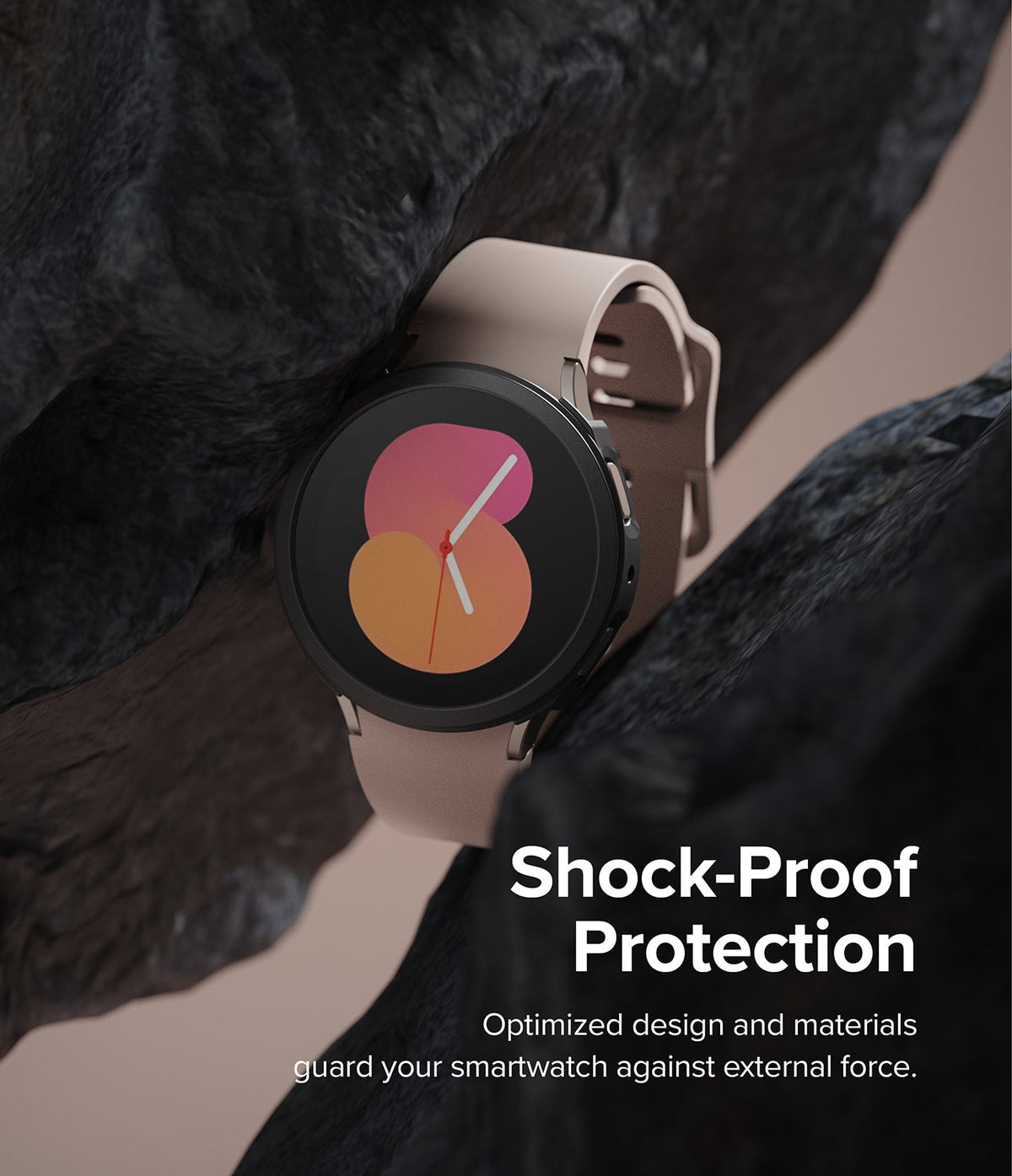 Galaxy Watch 5 40mm Case | Air Sports - Pink smartwatch in a black protective case nestled between jagged dark rocks.