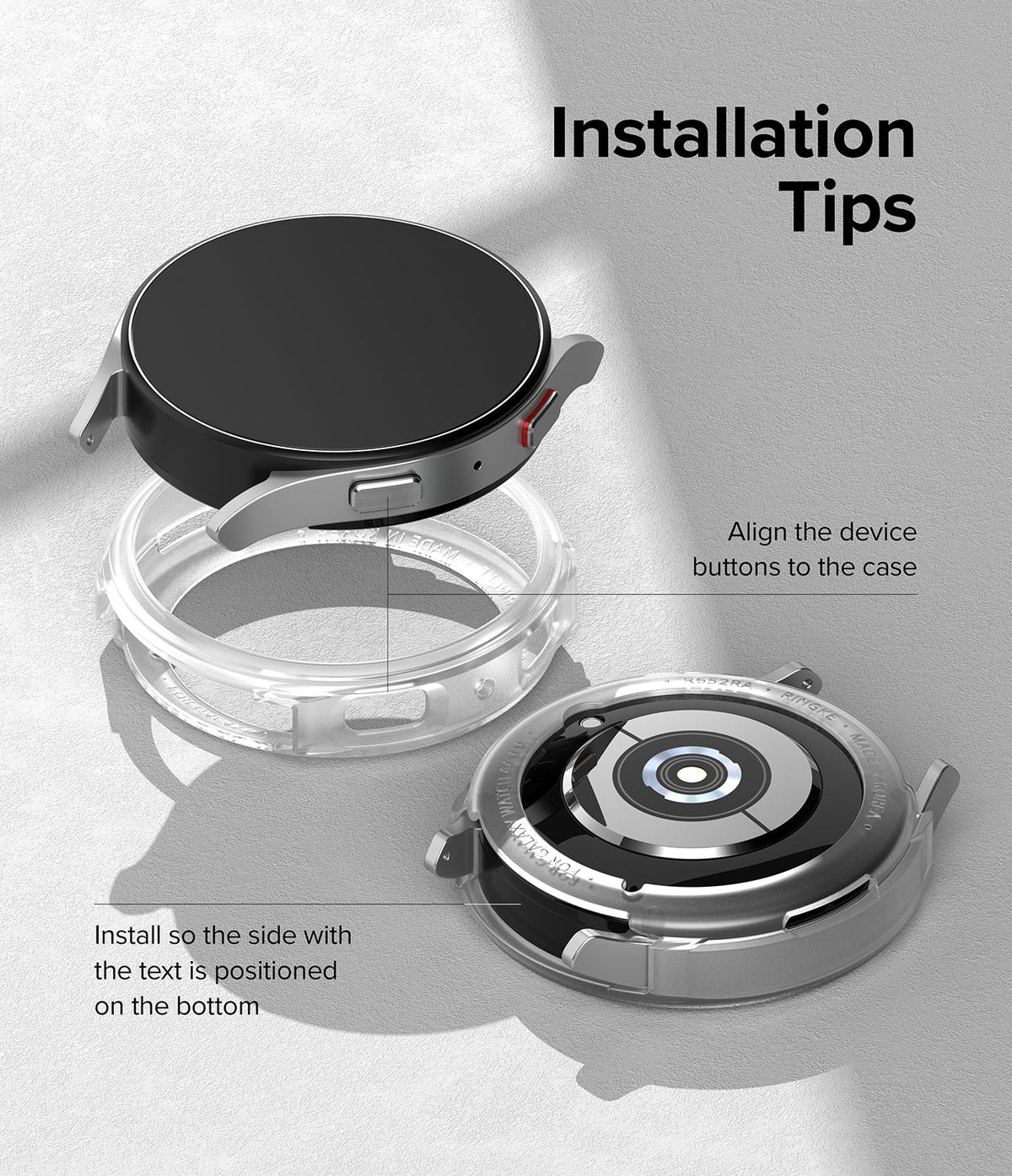 Galaxy Watch 5 40mm Case | Air Sports - Installation guide showing a Galaxy Watch 5 aligning with a clear protective case.