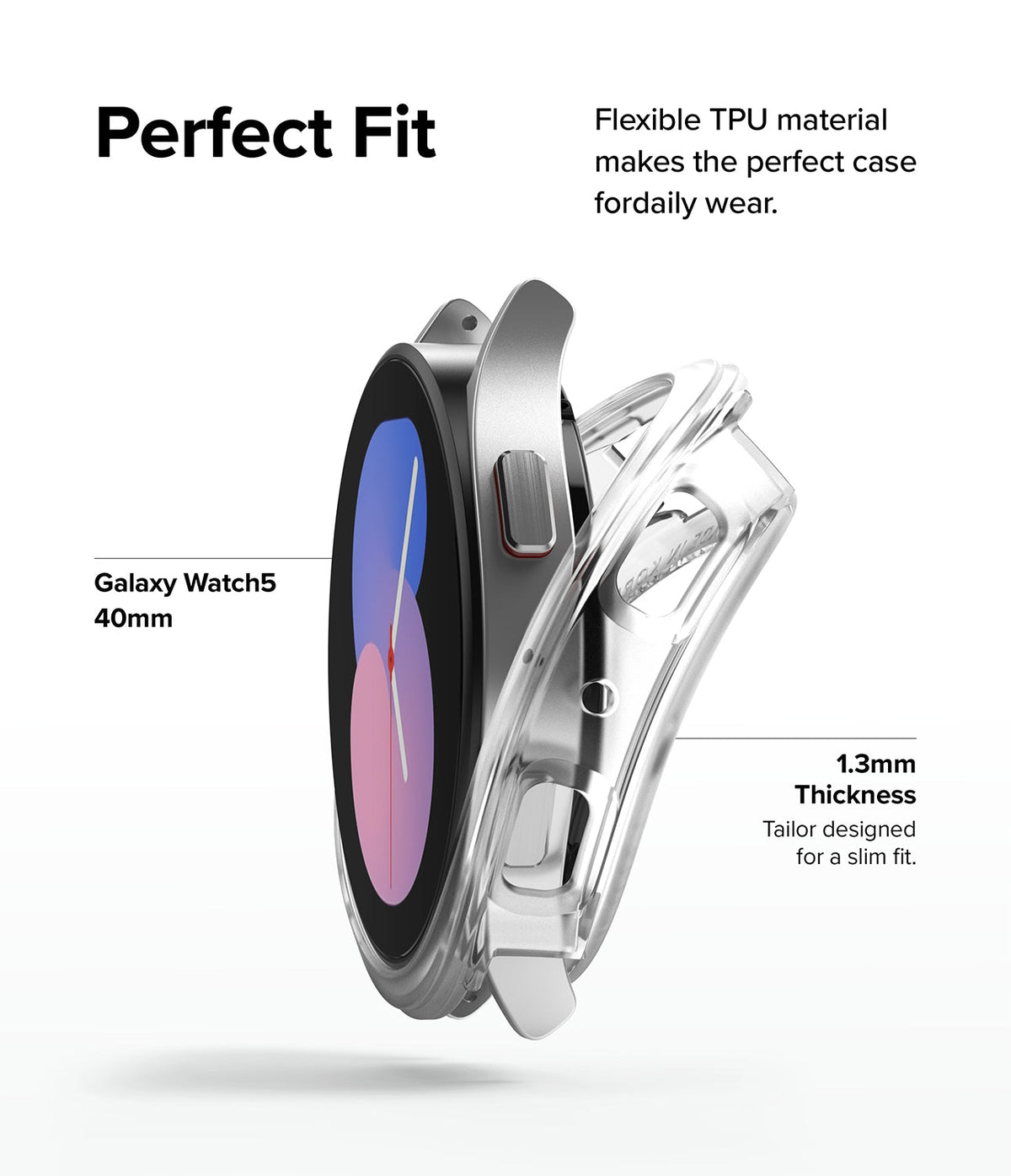 Galaxy Watch 5 40mm Case | Air Sports - A clear TPU protective case being placed onto a silver Galaxy Watch 5 40mm.