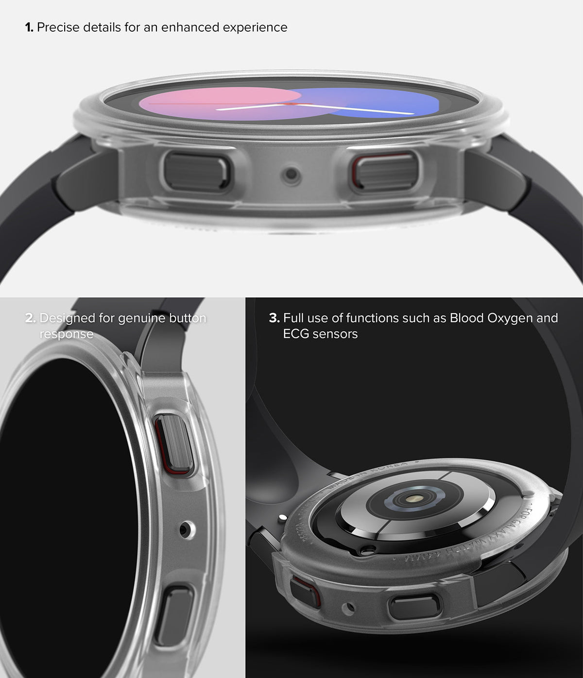 Galaxy Watch 5 40mm Case | Air Sports - Close-up views of a clear watch case showing precise button fit and sensor access.