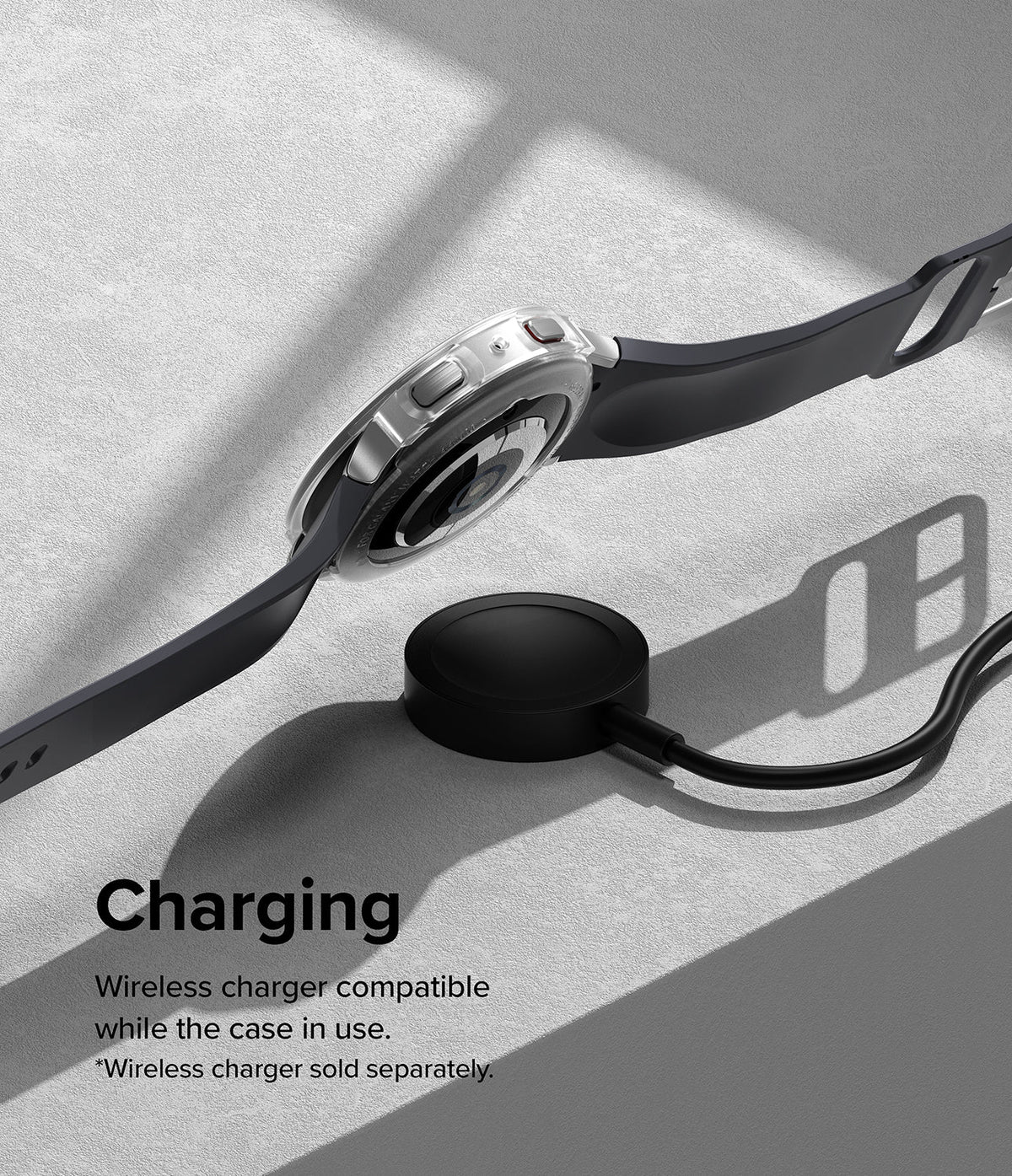 Galaxy Watch 5 40mm Case | Air Sports - Clear watch case on a Galaxy Watch 5 hovering above a black wireless charger.