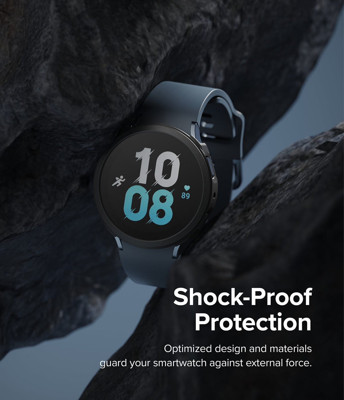 Galaxy Watch 5 44mm Case | Air Sports - Black smartwatch in a protective case nestled between two dark, jagged rocks.