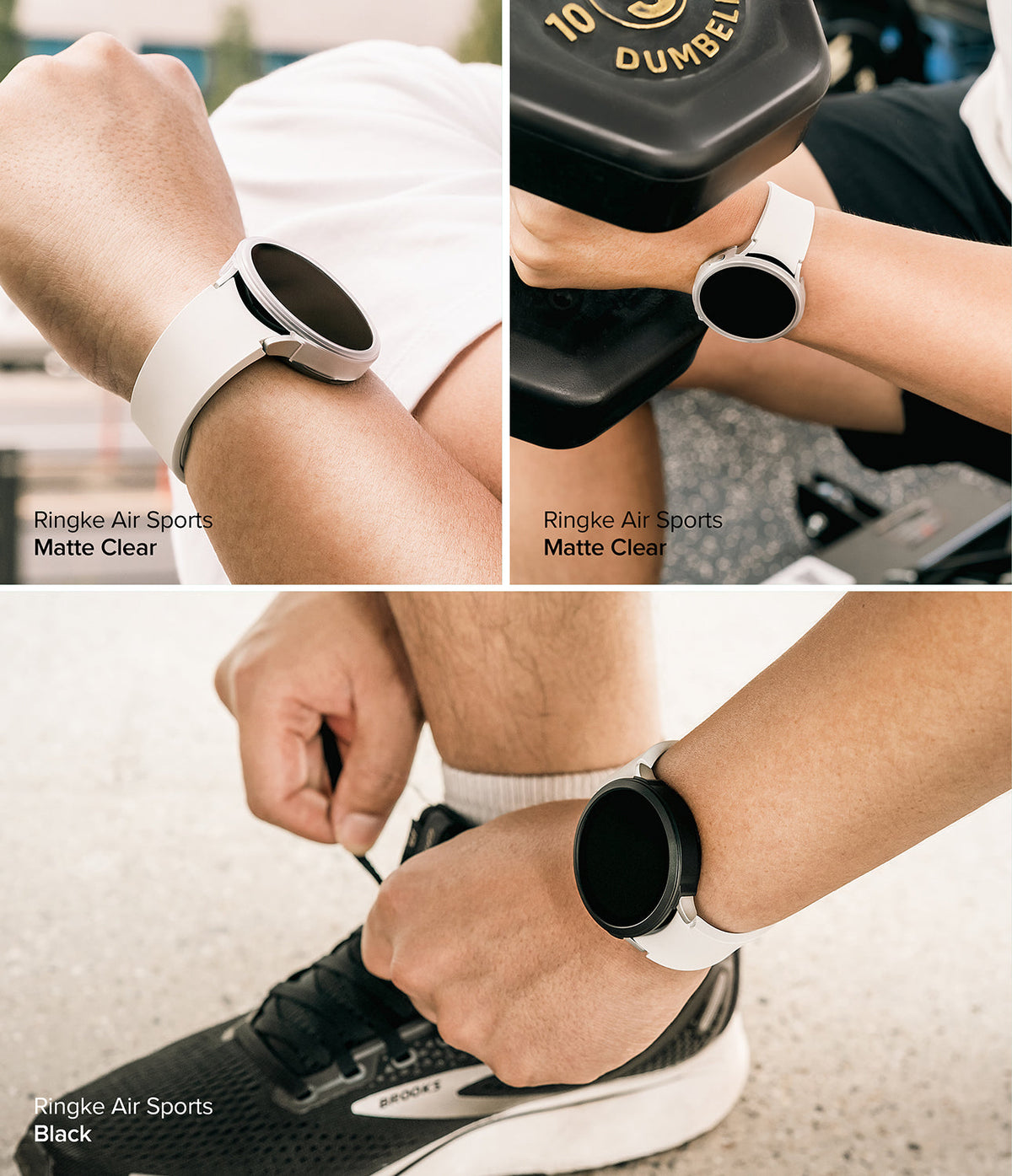 Galaxy Watch 5 44mm Case | Air Sports - Three-panel view of Galaxy Watch 5 with matte clear and black Air Sports cases.