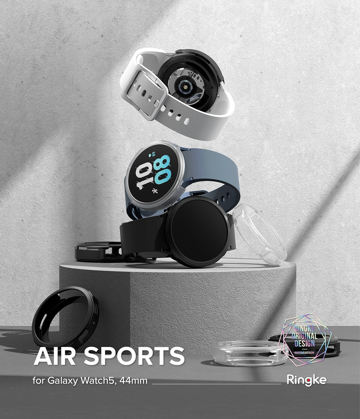 Galaxy Watch 5 44mm Case | Air Sports - Stacked Galaxy Watch 5 units with protective cases on a concrete pedestal.