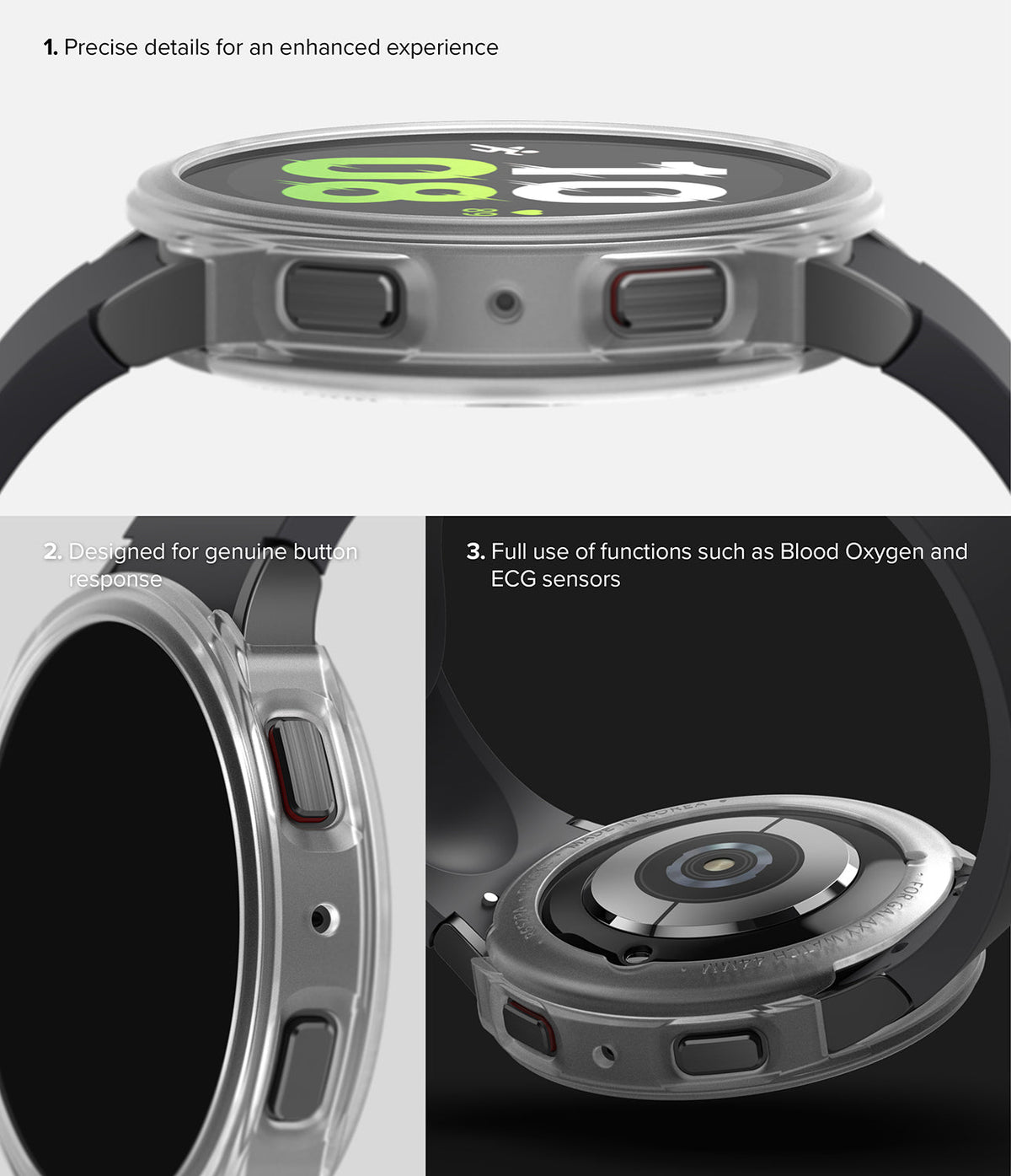 Galaxy Watch 5 44mm Case | Air Sports - Three views showing the clear protective case fit, button access, and sensor back.