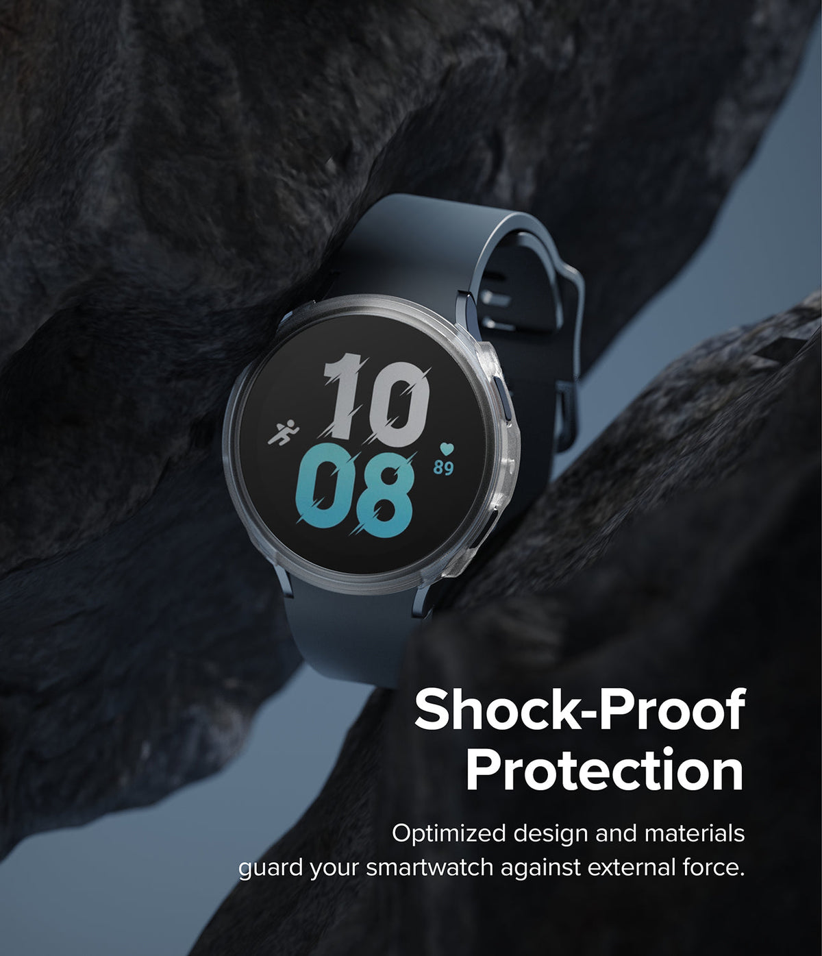 Galaxy Watch 5 44mm Case | Air Sports - Smartwatch in a protective case nestled between dark, jagged rocks.